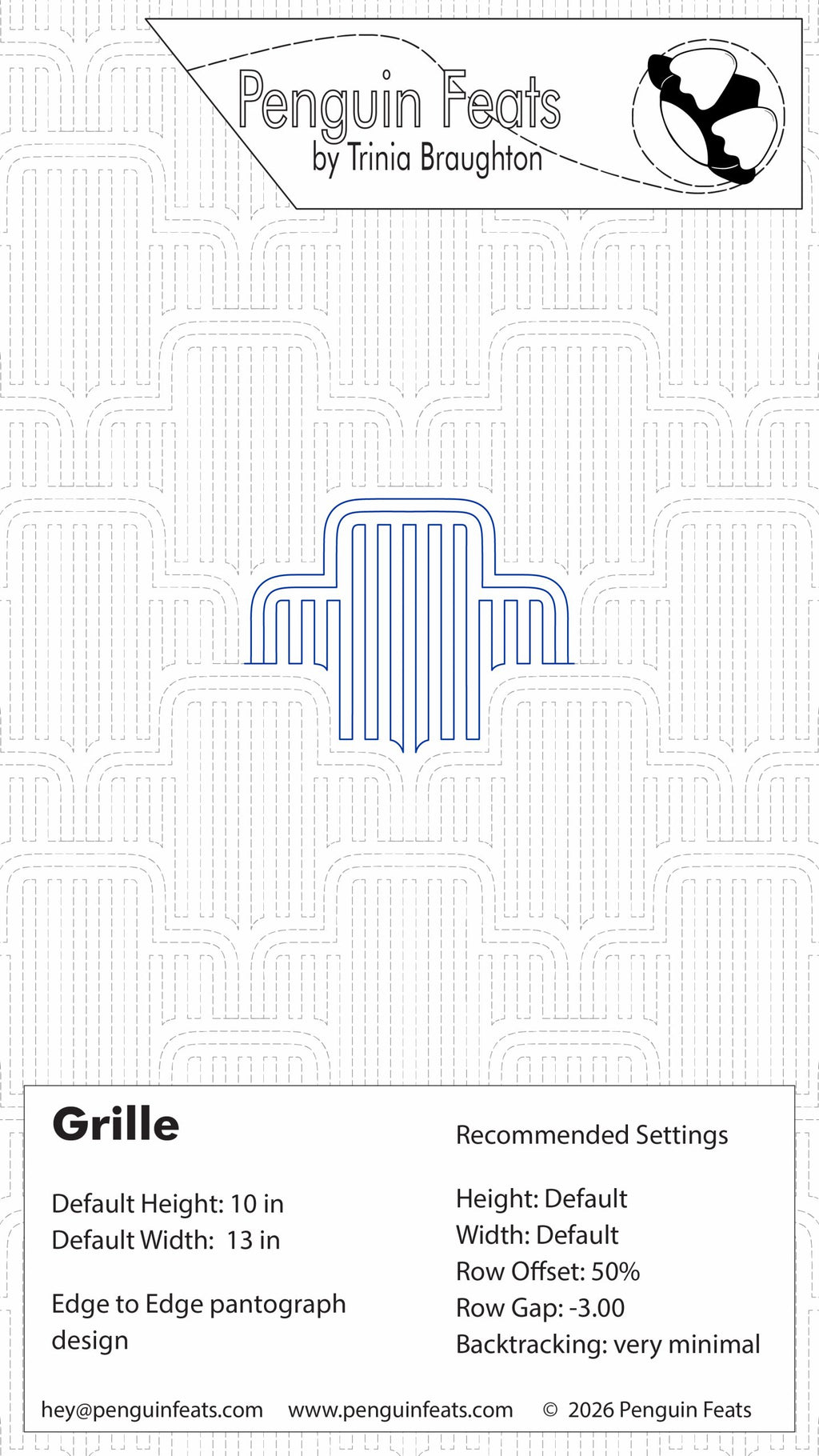 Grille design with Penguin Feats by Trinia Braughton branding on a white background