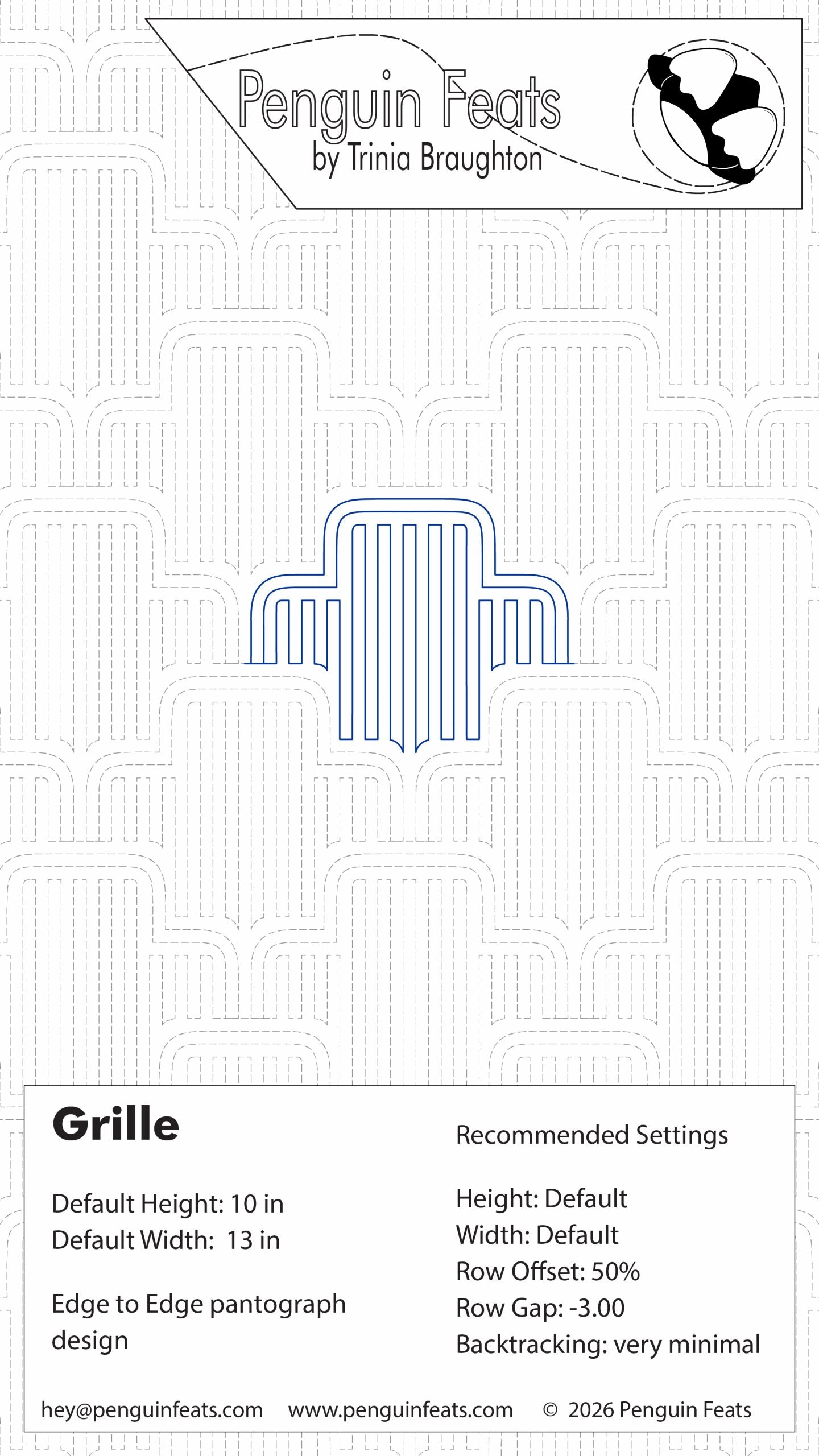 Grille design with Penguin Feats by Trinia Braughton branding on a white background