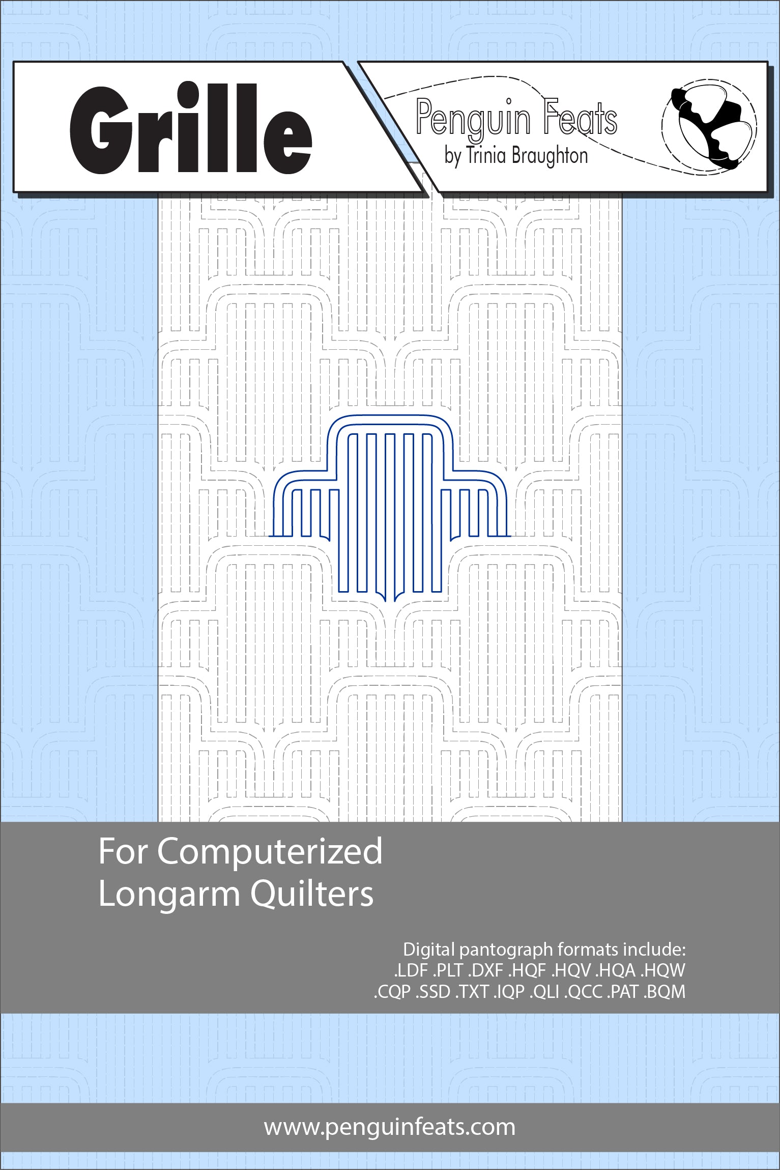 Design sheet of Grille  for computerized longarm quilters with a blue and gray background