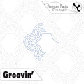 Continuous line design of wavy echoing lines and text 'Penguin Feats' and 'Groovin'' on a white background