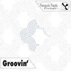 Continuous line design of wavy echoing lines and text 'Penguin Feats' and 'Groovin'' on a white background