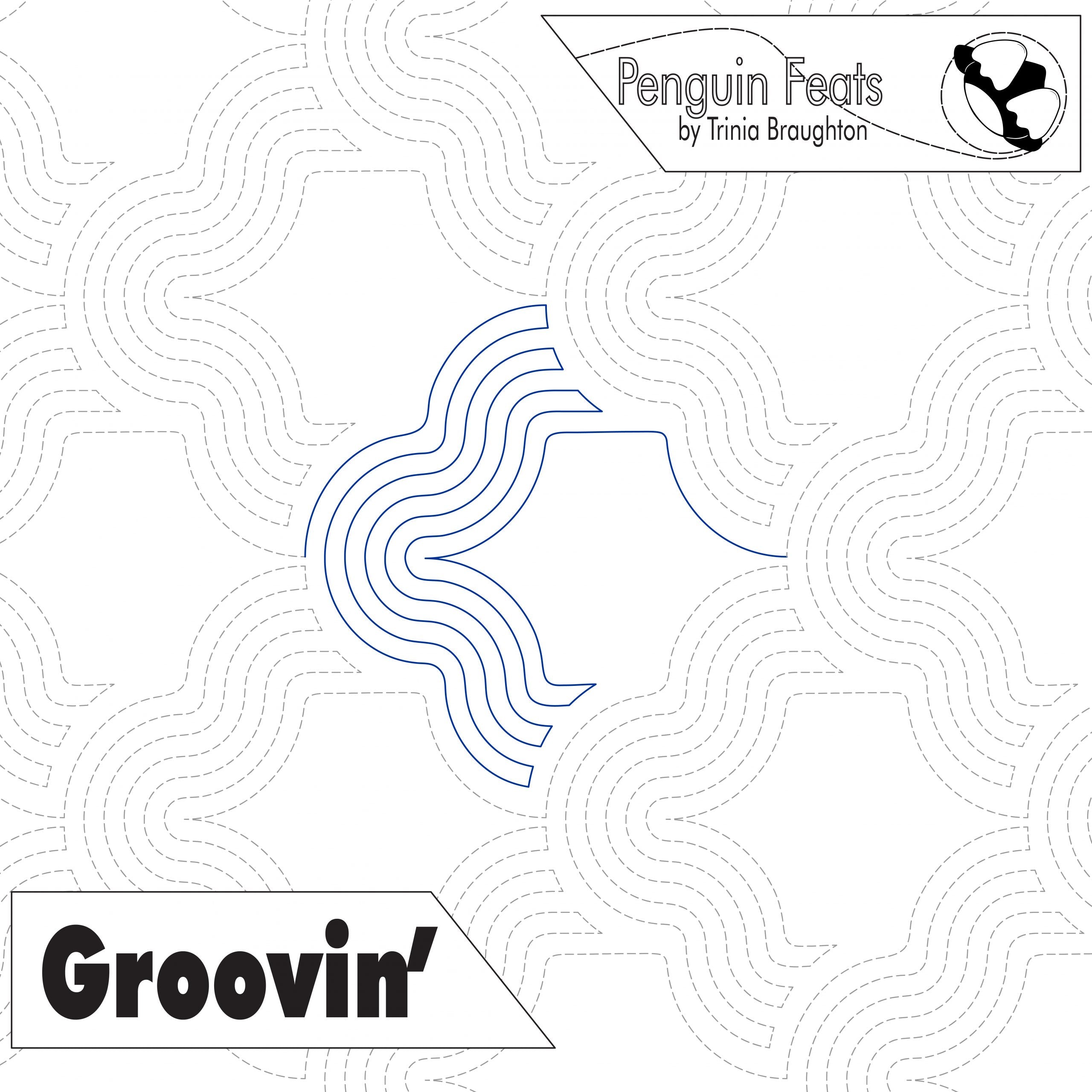 Continuous line design of wavy echoing lines and text 'Penguin Feats' and 'Groovin'' on a white background