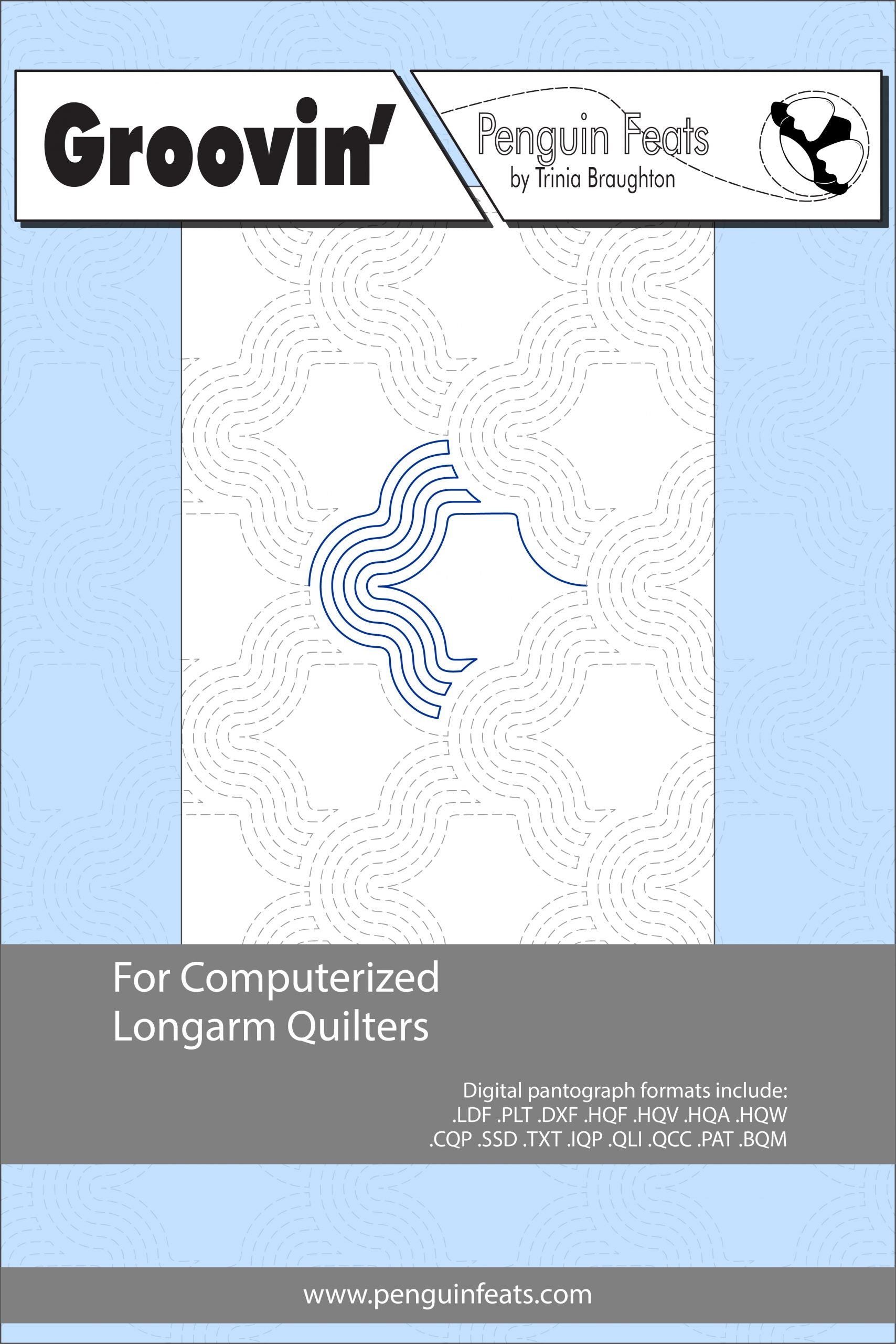 Pattern sheet for computerized longarm quilters with a blue and gray design on a light blue background.