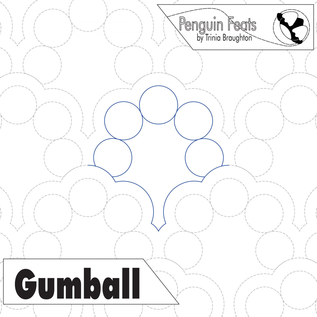 Pattern of interlocking circles with 'Penguin Feats' and 'Gumball' text on a white background.