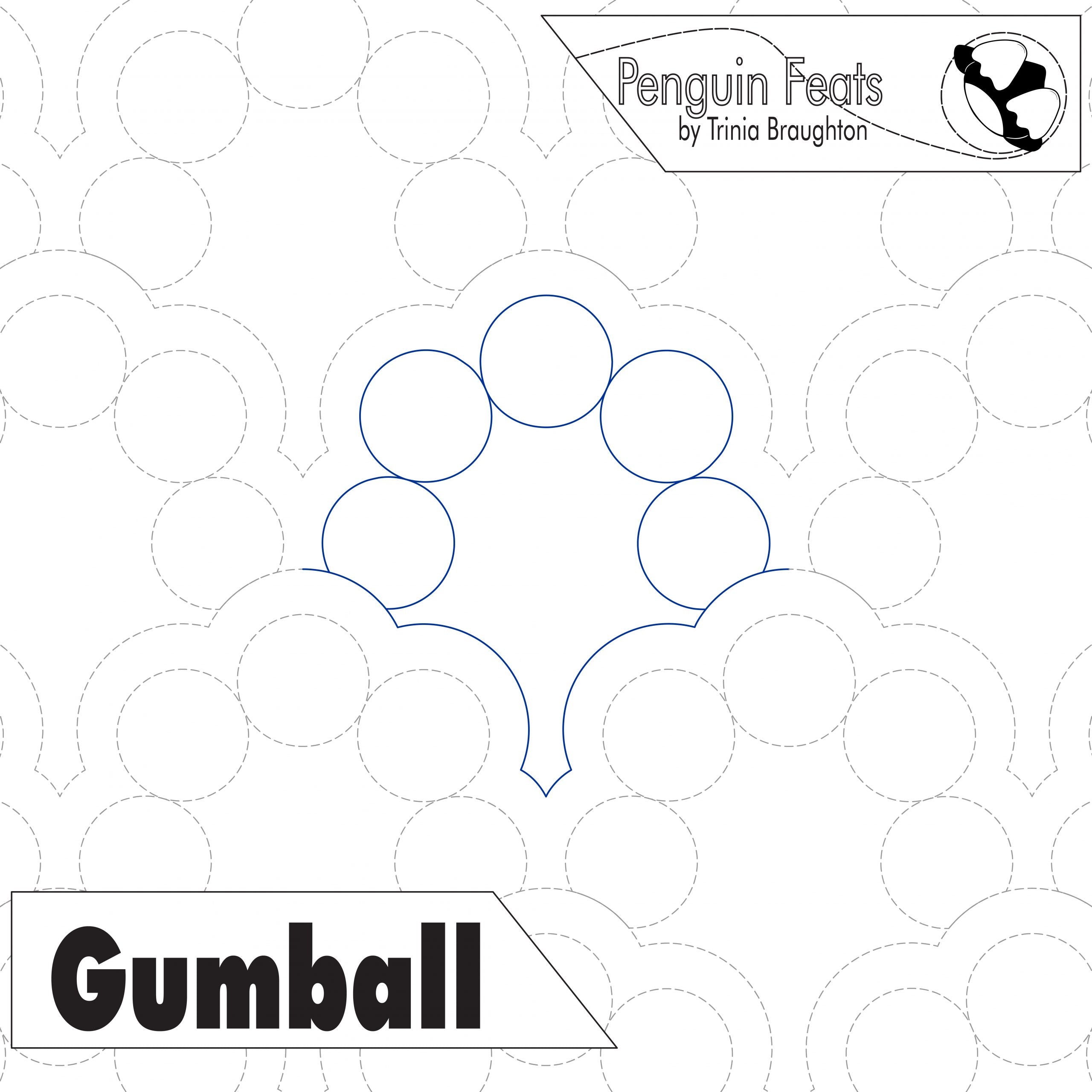 Pattern of interlocking circles with 'Penguin Feats' and 'Gumball' text on a white background.