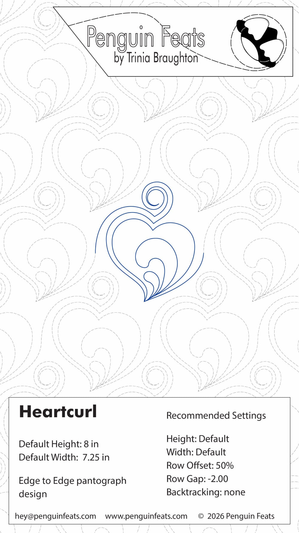 Quilting design settings for Heartcurl  repeating heart and swirl design with text and branding on a white background