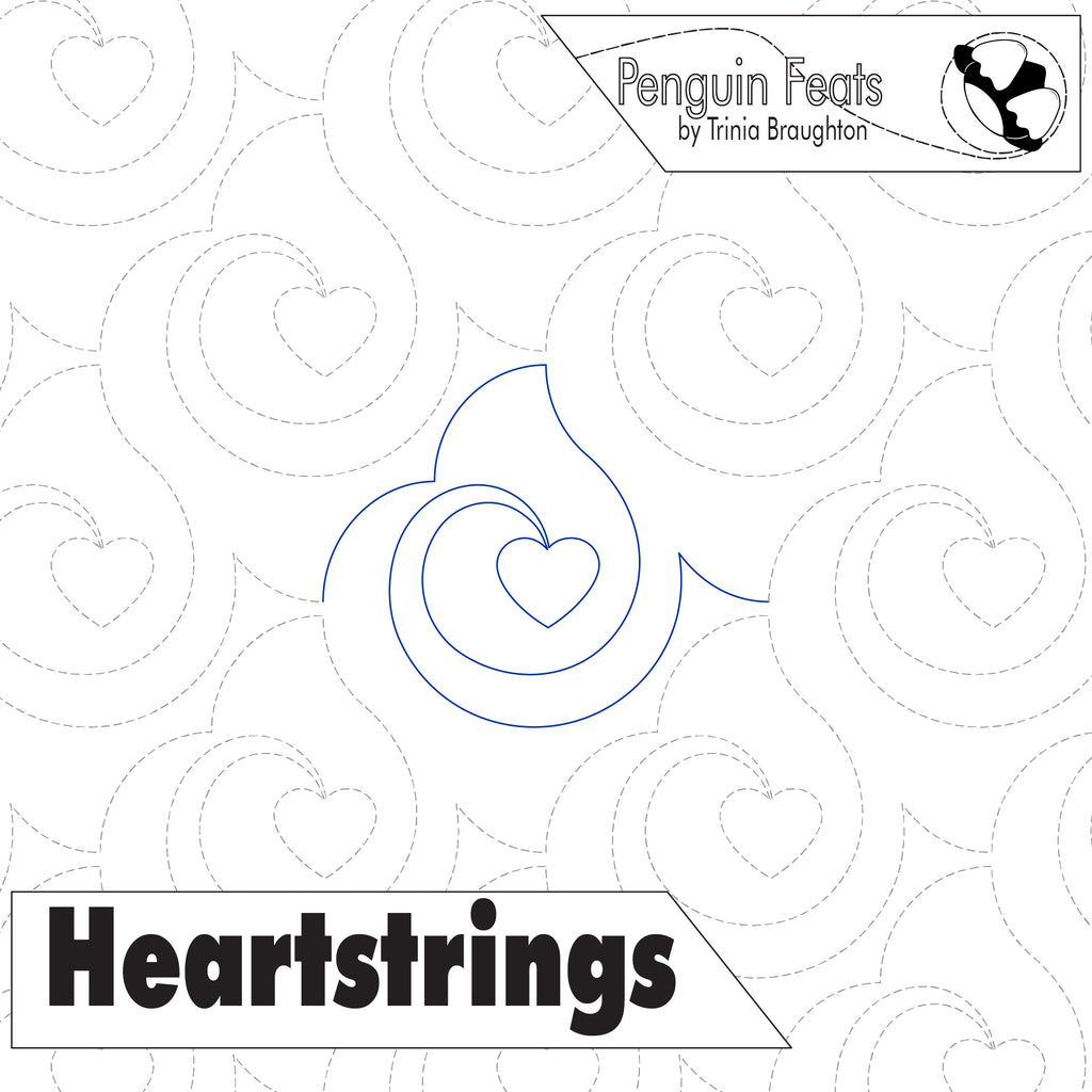 Pattern of hearts and circles with 'Penguin Feats' and 'Heartstrings' text on a white background.
