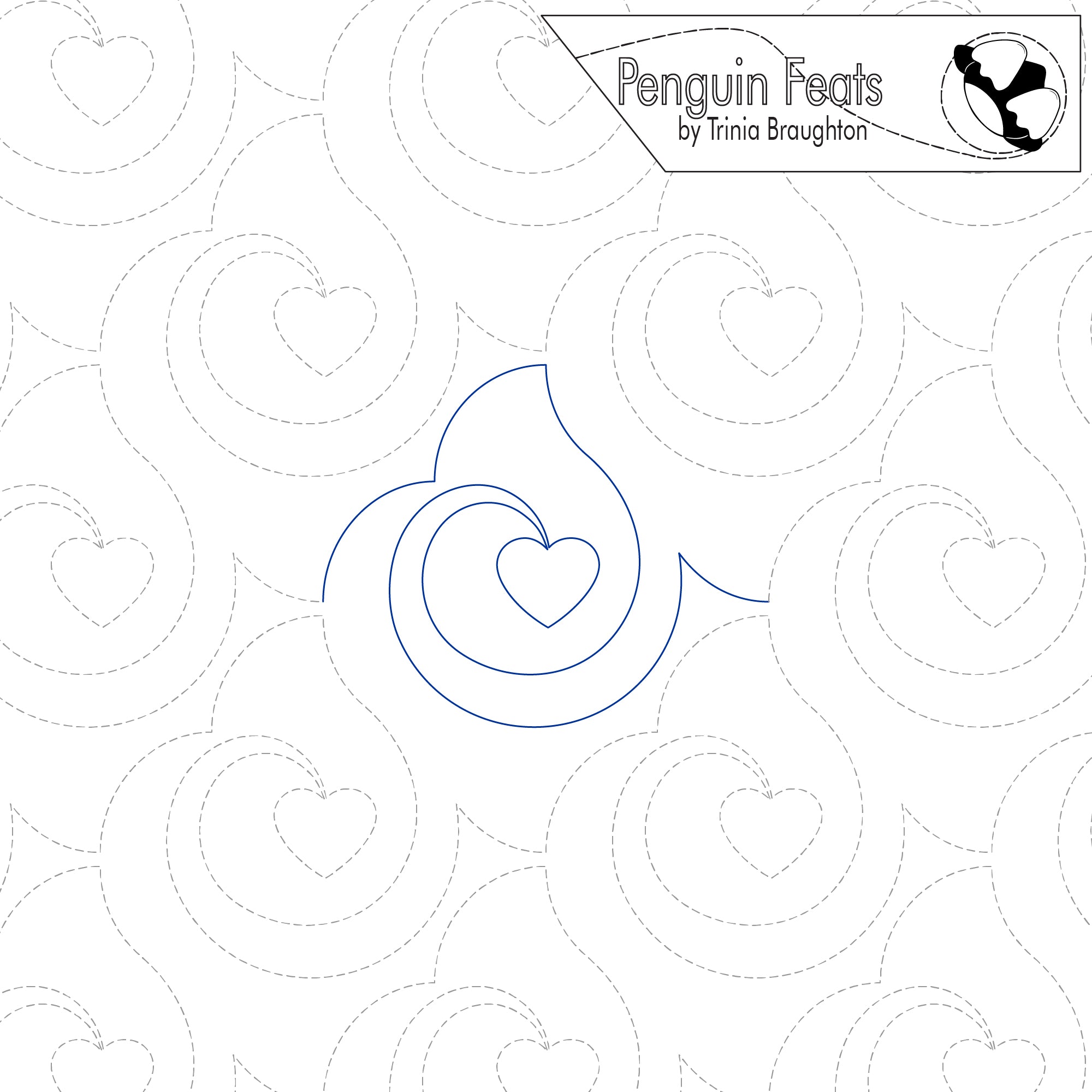 Design with concentric circles and heart shapes, featuring the brand 'Penguin Feats' by Trinia Braughton.