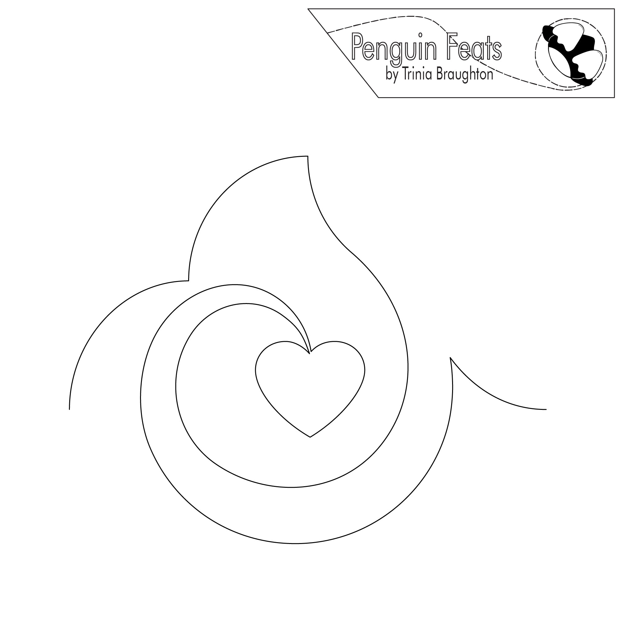 Outline of a swirl with a heart in the center, labeled 'Penguin Feats by Trinia Braughton'.