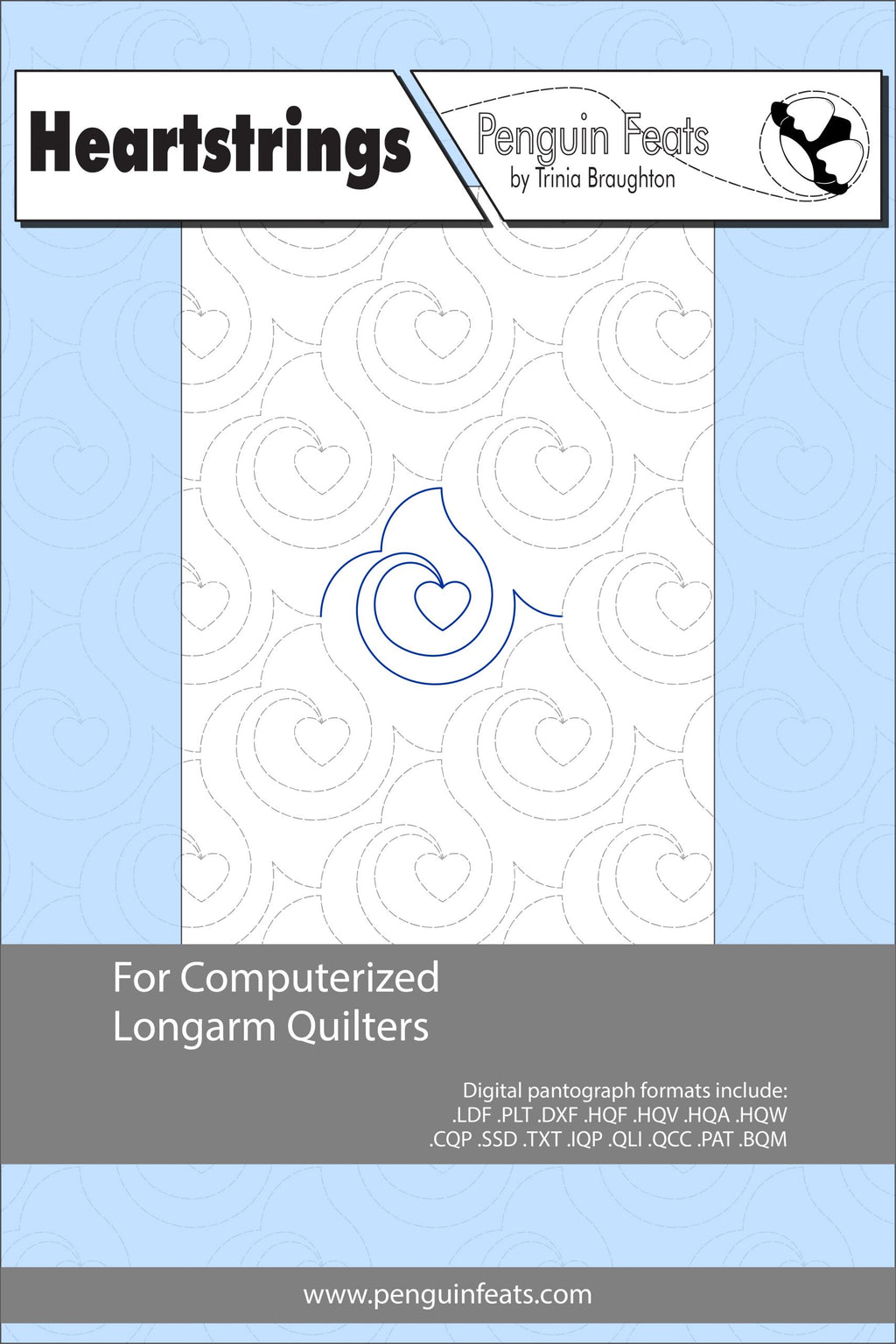 Pattern sheet for computerized longarm quilters with a blue and gray design on a white background.