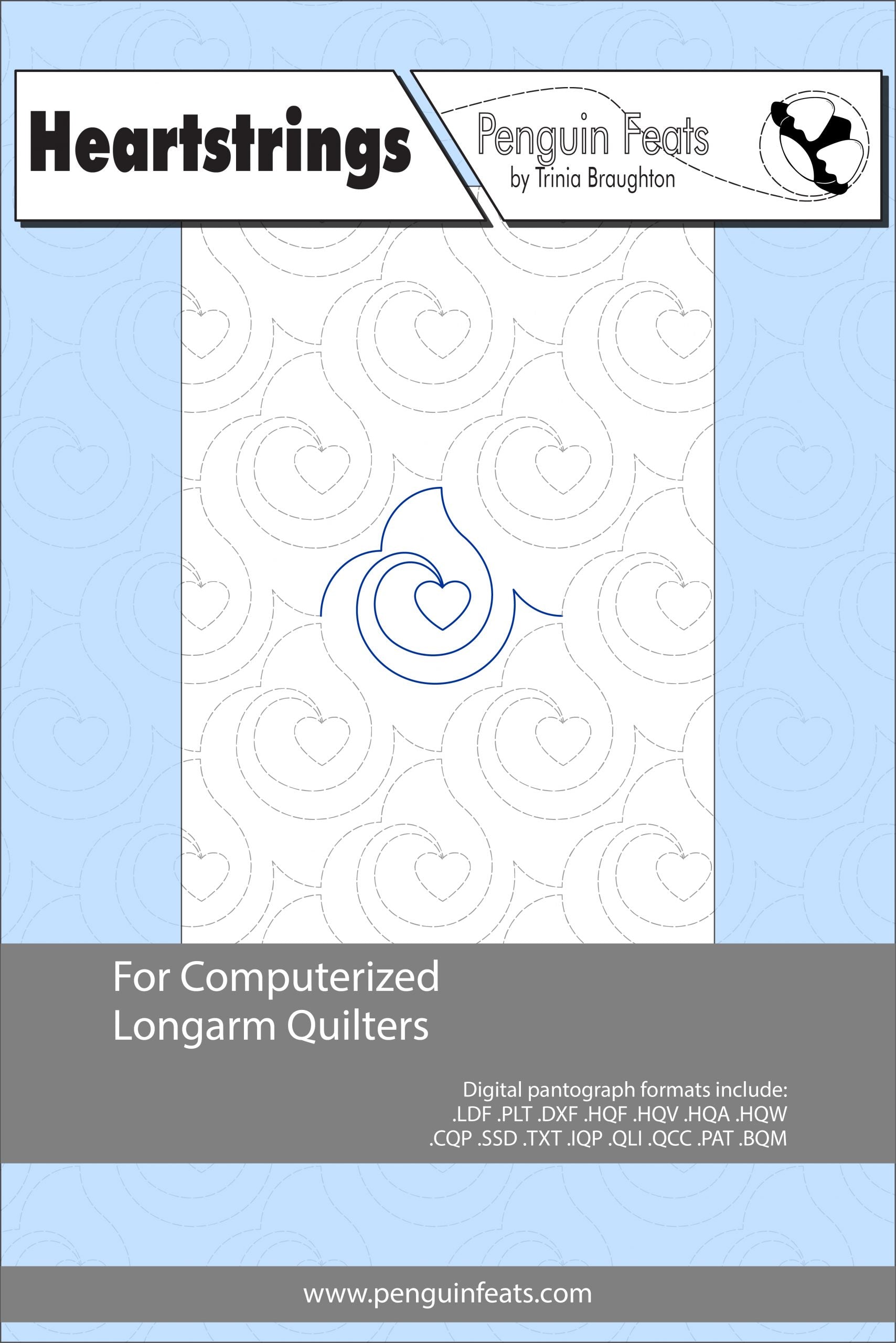 Pattern sheet for computerized longarm quilters with a blue and gray design on a white background.