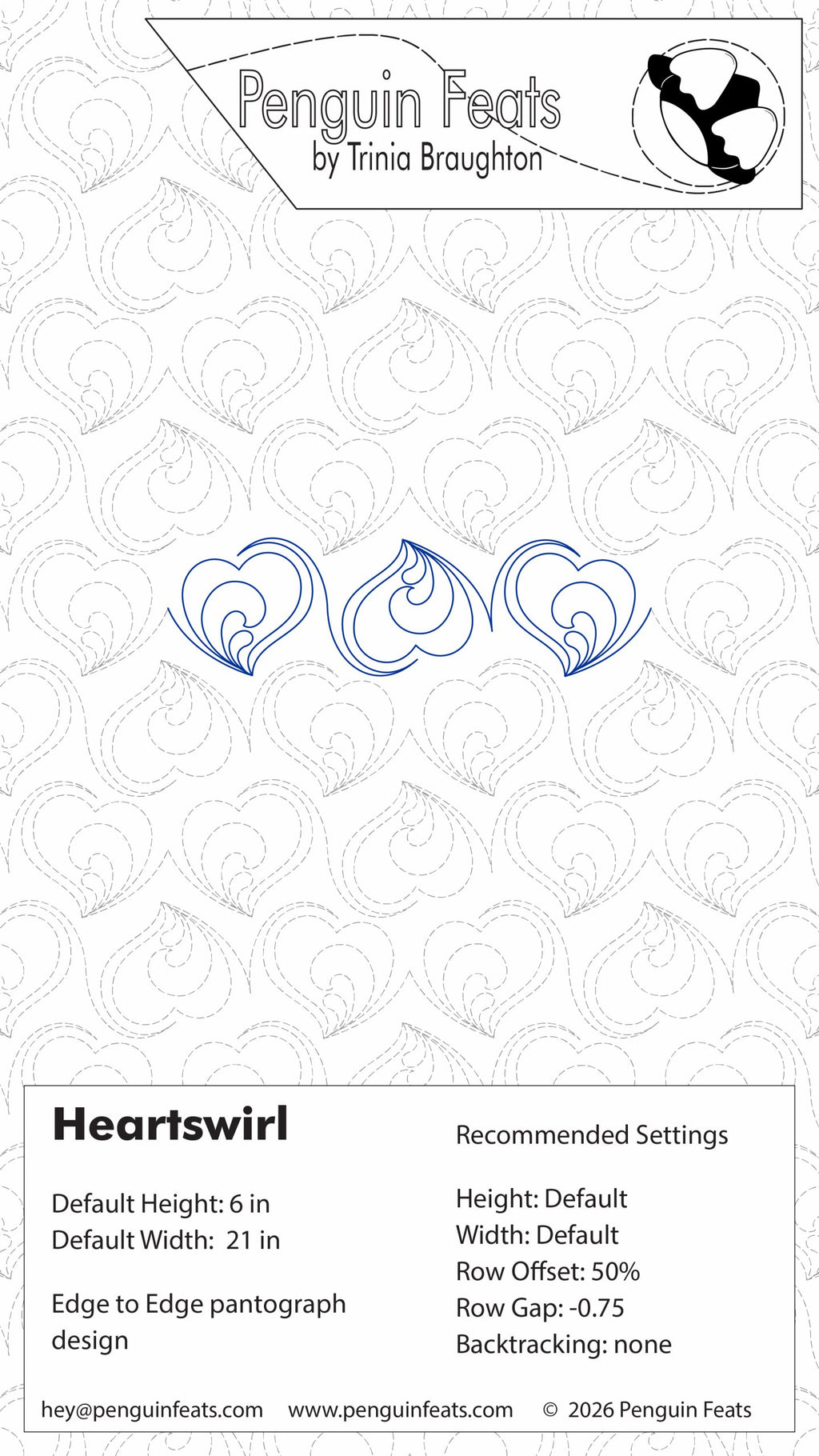 Design settings for 'Heartswirl' with Penguin Feats branding at the top.
