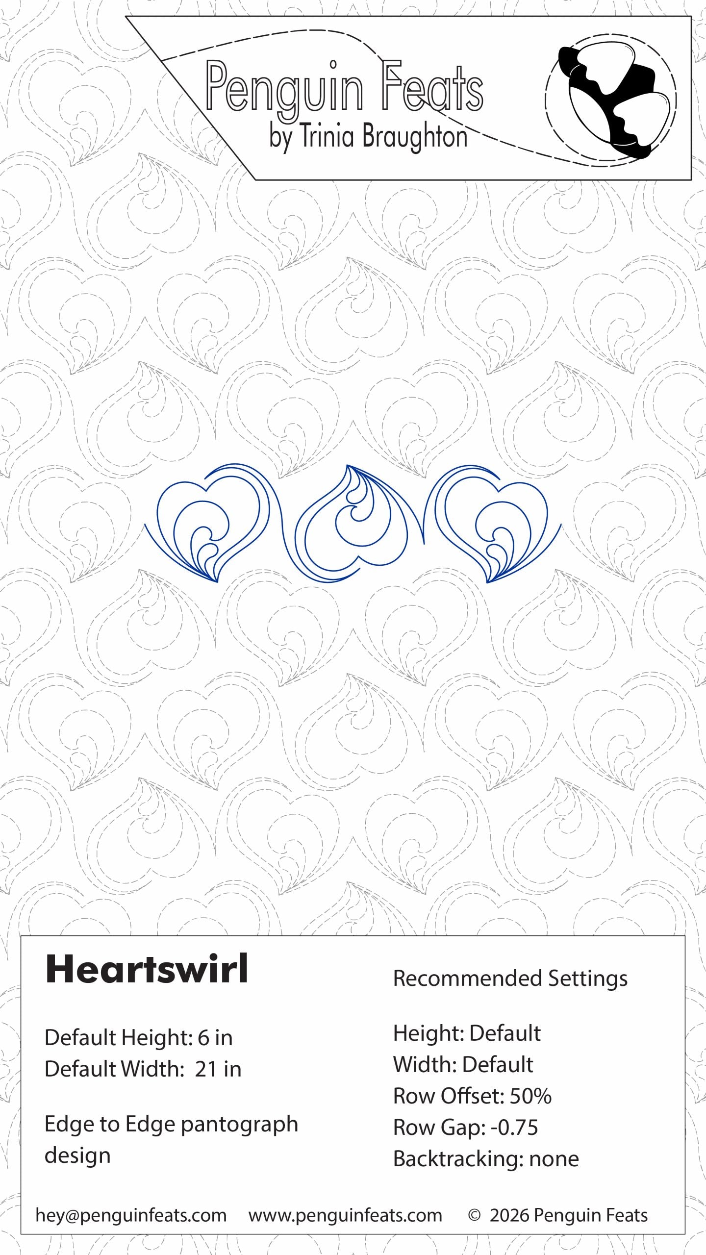 Design settings for 'Heartswirl' with Penguin Feats branding at the top.
