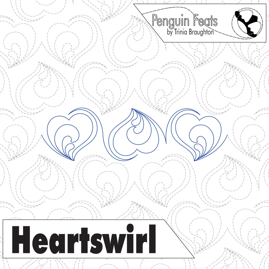 Patterned background with blue heart shapes and 'Penguin Feats' branding.
