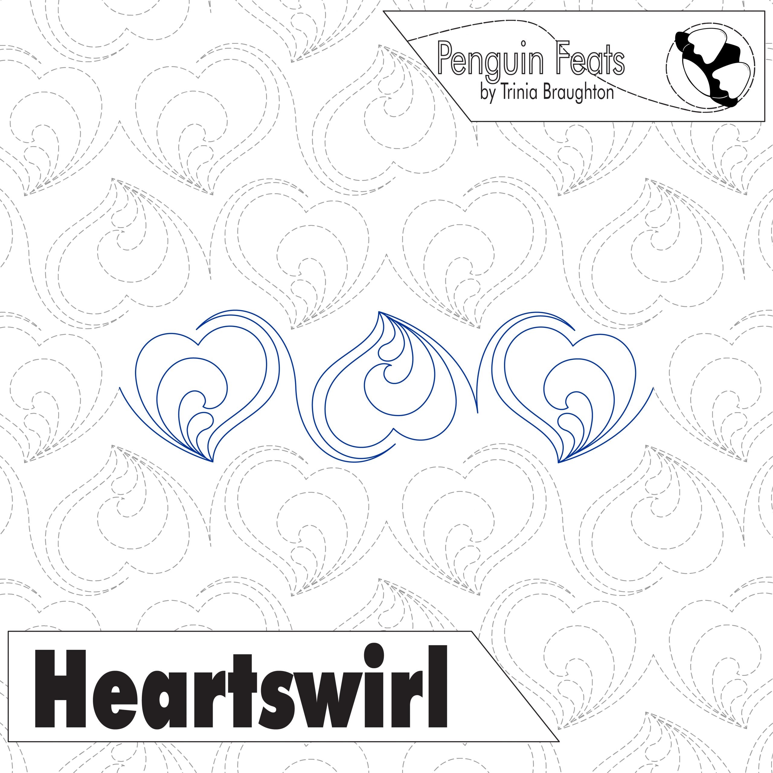Patterned background with blue heart shapes and 'Penguin Feats' branding.