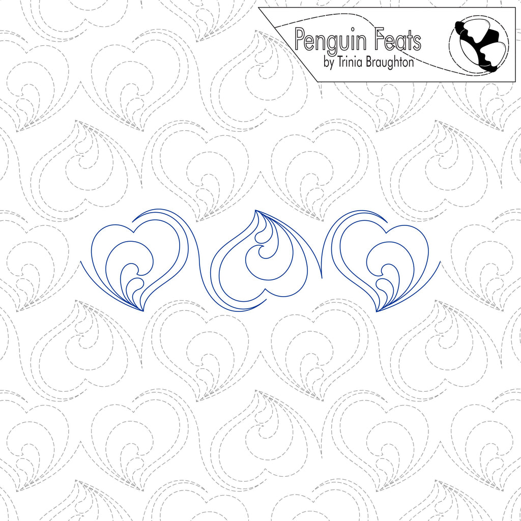 Patterned background with blue heart shapes and 'Penguin Feats' branding.