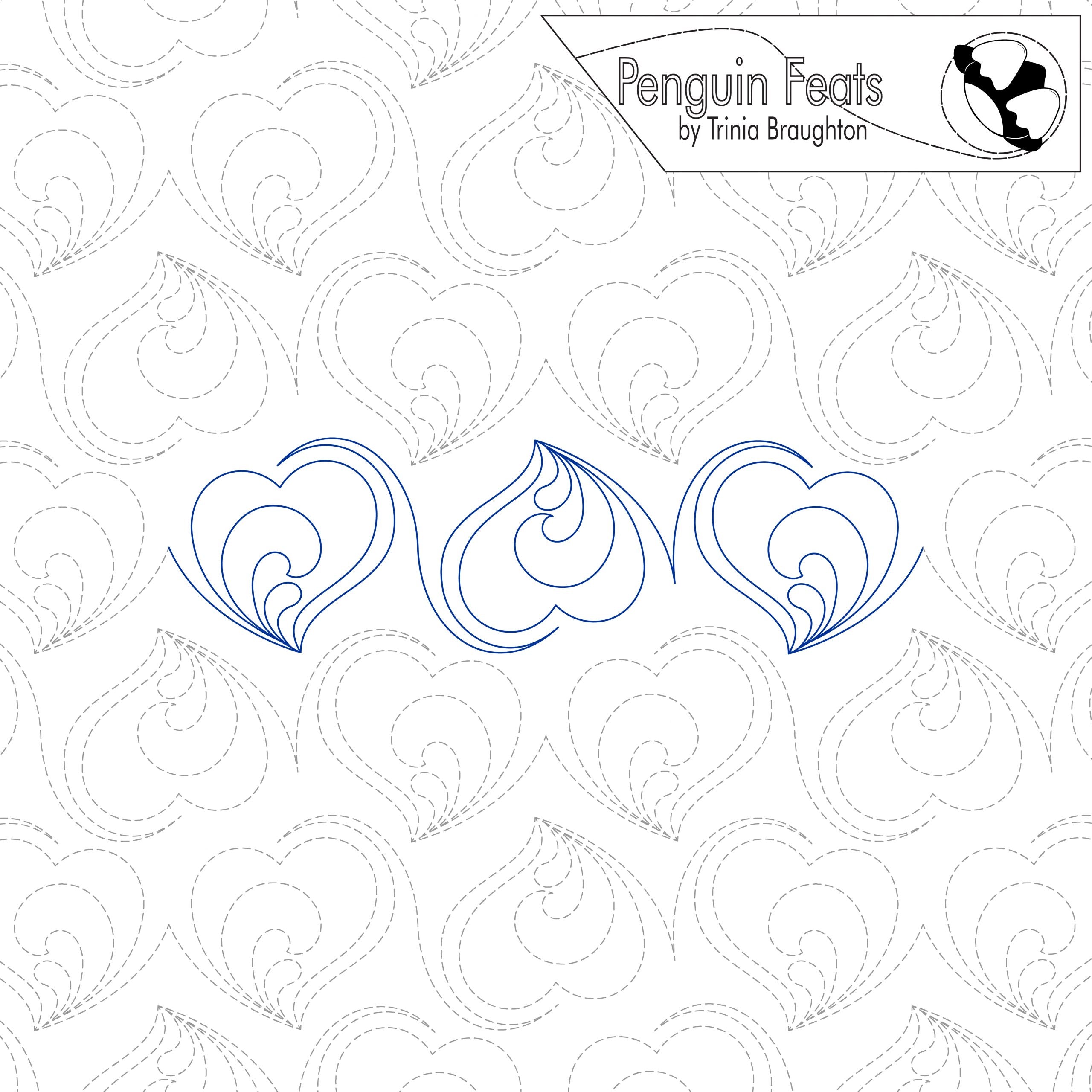Patterned background with blue heart shapes and 'Penguin Feats' branding.
