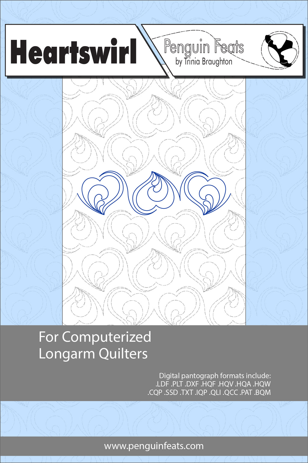 Heartswirl pattern sheet for computerized longarm quilters with blue and white design on a light blue background.