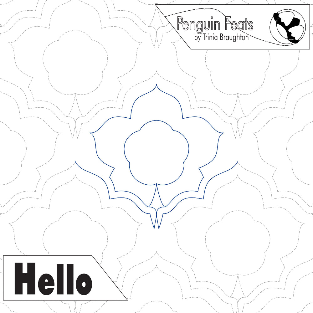 Continuous line flower design with 'Penguin Feats' branding on a white background
