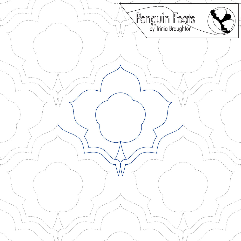 Repeating flower design with  'Penguin Feats' branding.
