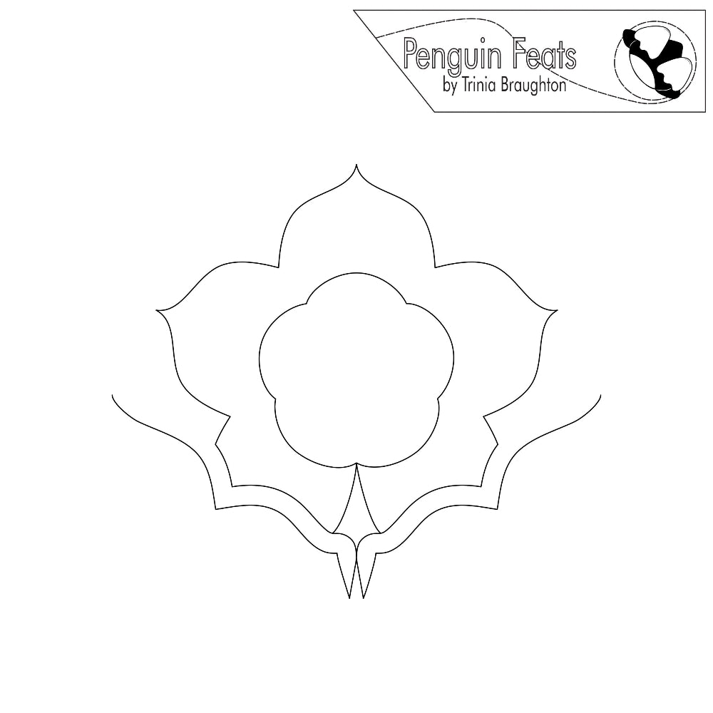 Continuous black line of a flower with 'Penguin Feats by Trinia Braughton' logo at the top.