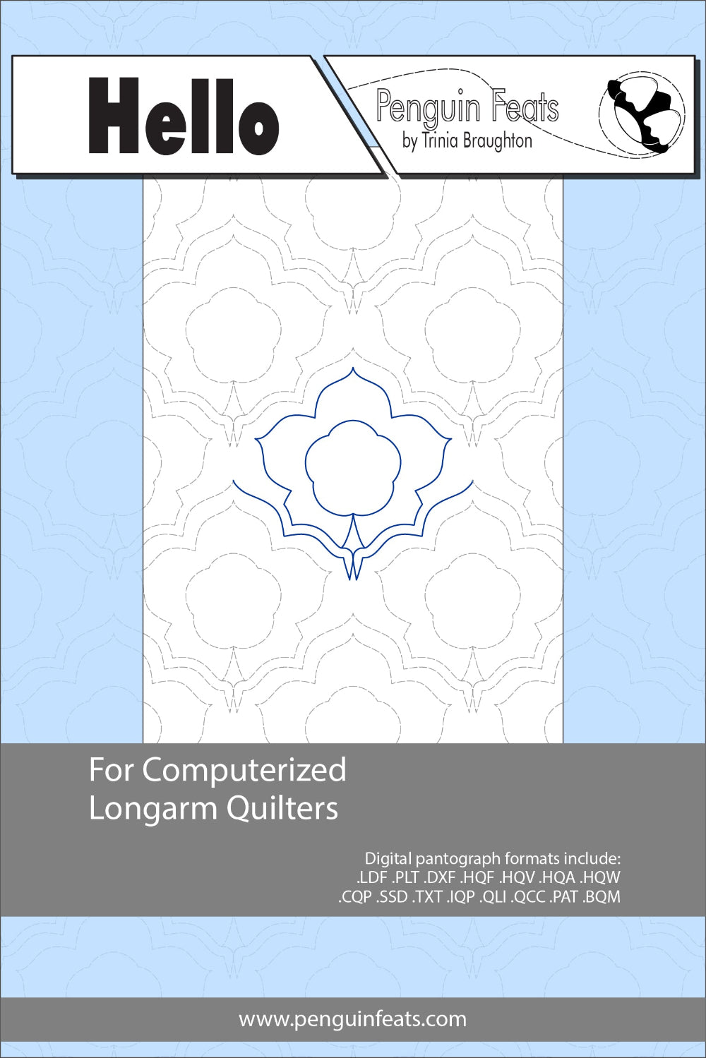 Quilting design info sheet  with flower design and branding on a light blue background