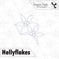 Outline of holly leaves with 'Penguin Feats' branding and 'Hollyflakes' text on a geometric patterned background.