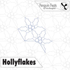 Outline of holly leaves with 'Penguin Feats' branding and 'Hollyflakes' text on a geometric patterned background.
