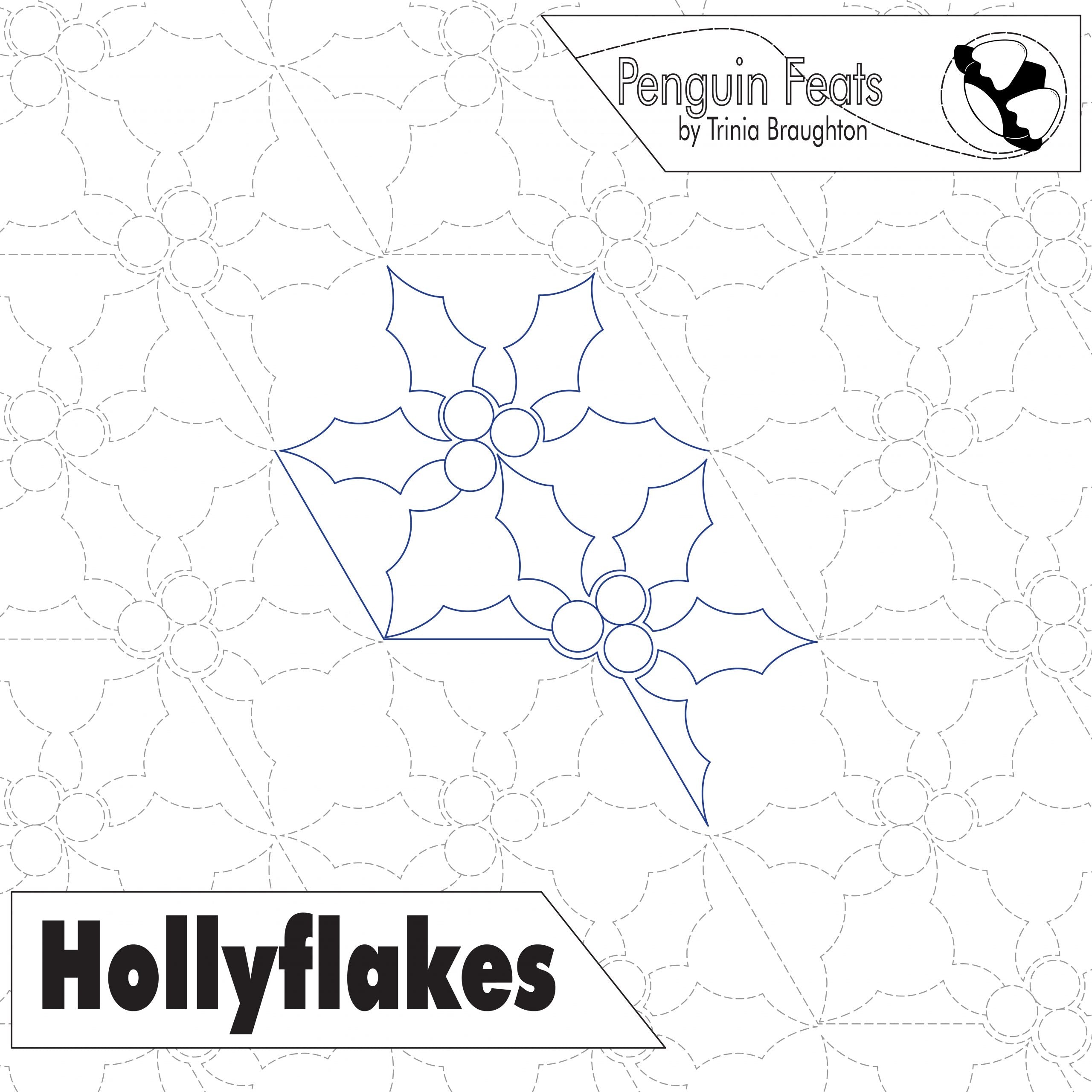 Outline of holly leaves with 'Penguin Feats' branding and 'Hollyflakes' text on a geometric patterned background.