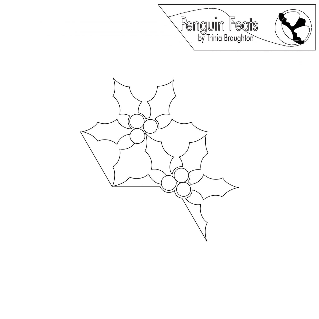 Outline of a holly leaf with berries on a white background, featuring the 'Penguin Feats' logo.