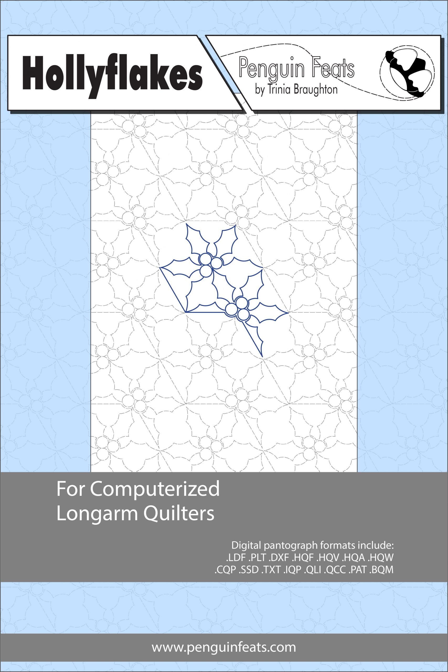 Design sheet for computerized longarm quilters with a blue and gray color scheme.