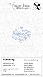 Design card for flying bird continuous line in blue called 'Humming' by Trinia Braughton with decorative elements and branding.