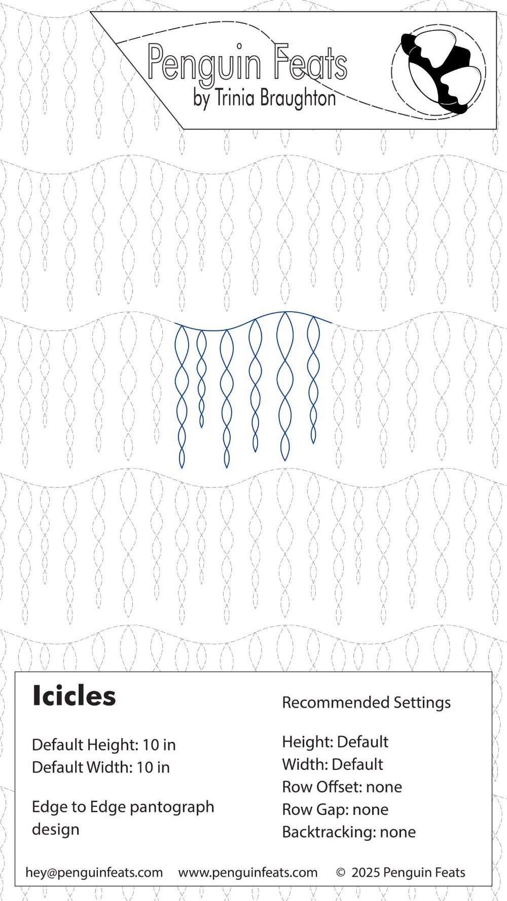 'Icicles' design by Trinia Braughton with blue stitch pattern on white background.