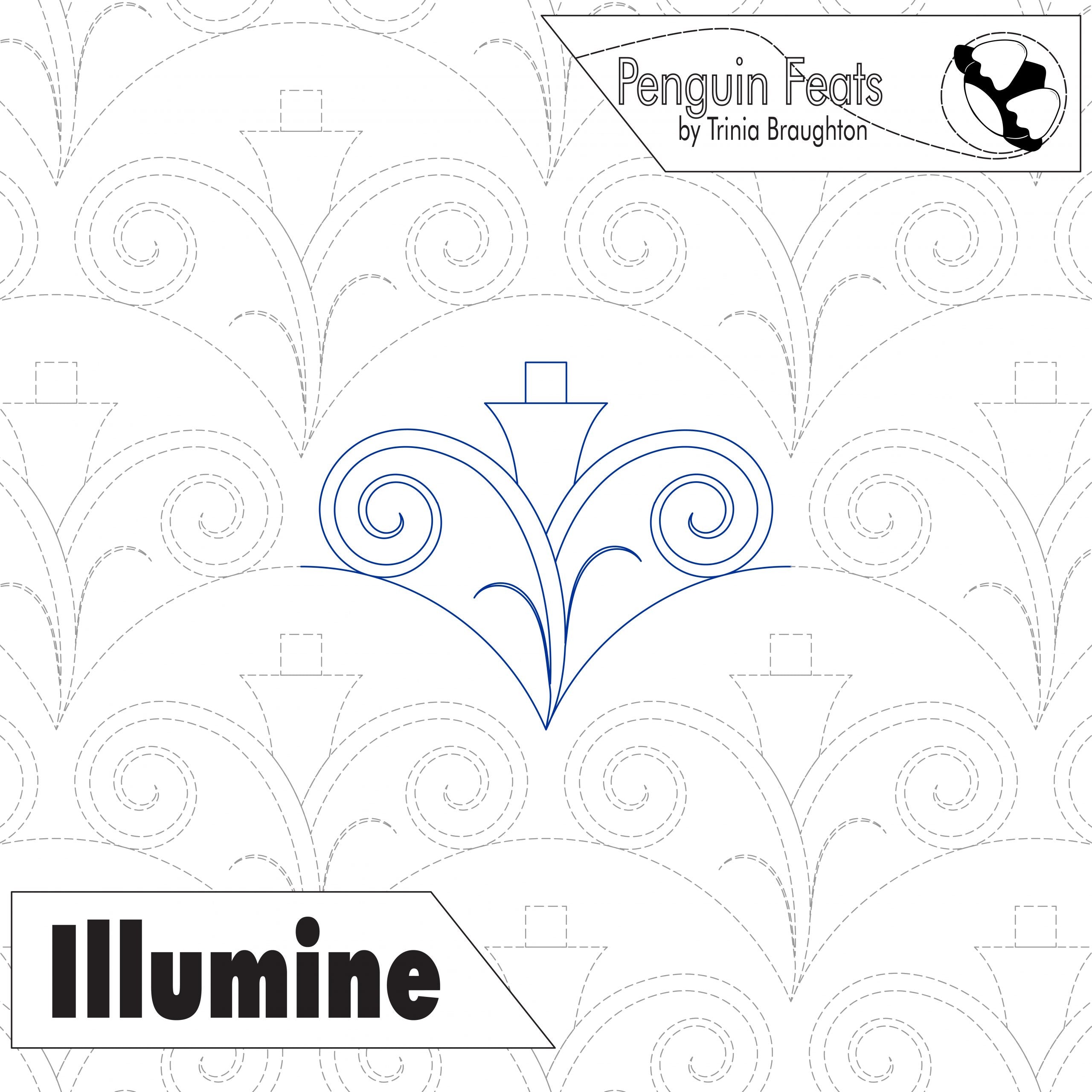 Design with decorative elements and 'Illumine' branding on a patterned background