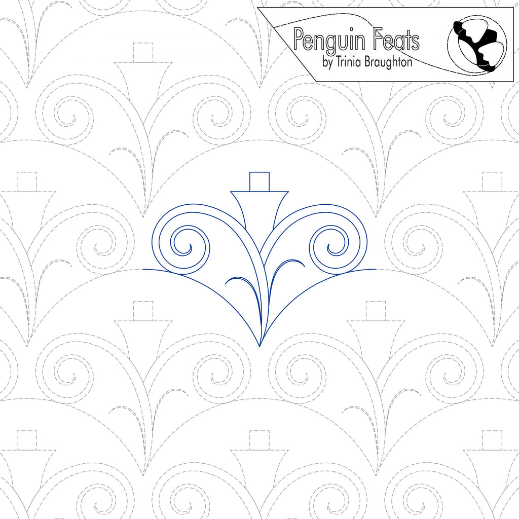 Decorative pattern with a blue floral design on a white background, featuring the brand 'Penguin Feats' by Trinia Braughton.