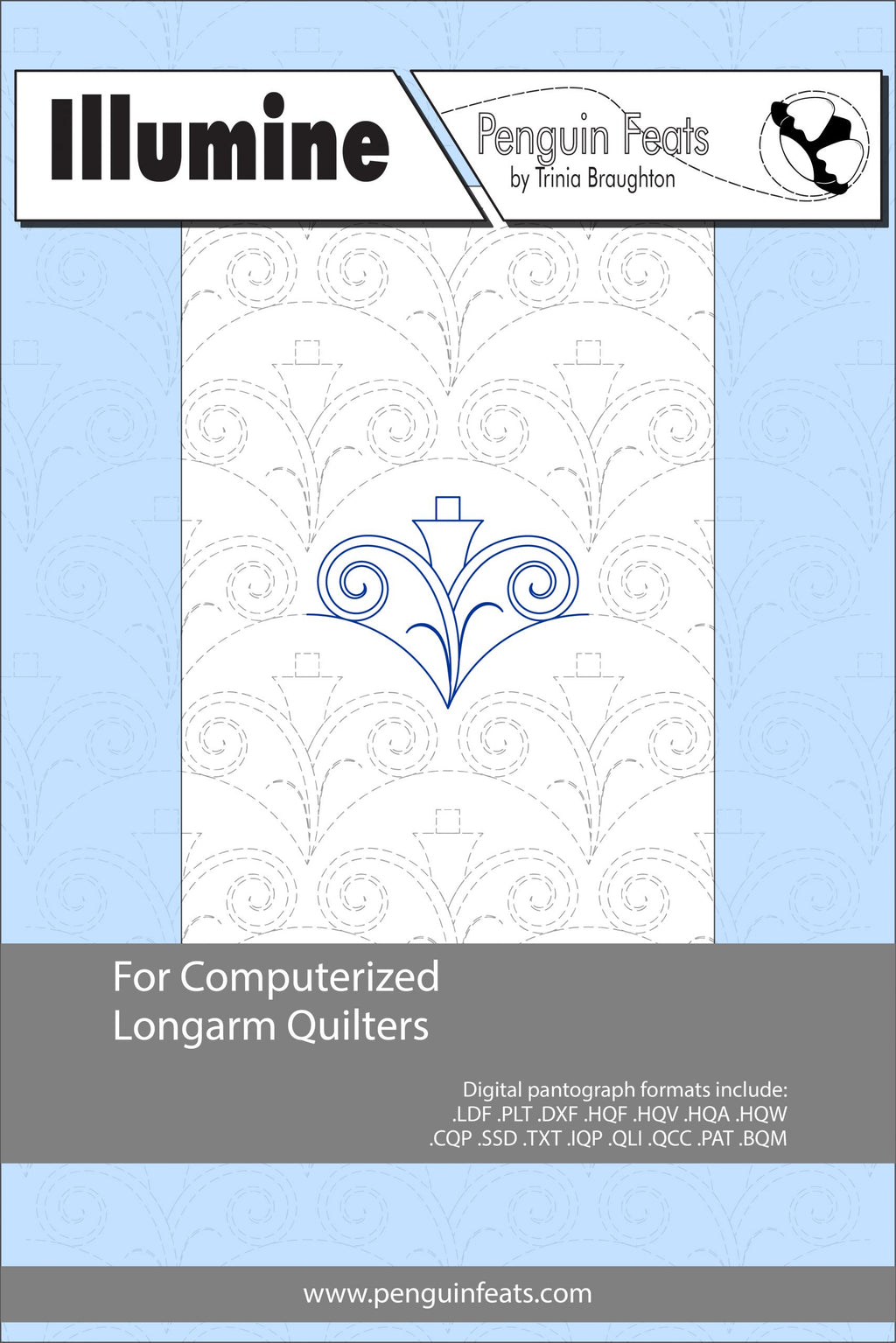 Pattern sheet for computerized longarm quilters with a blue and white design on a light blue background.