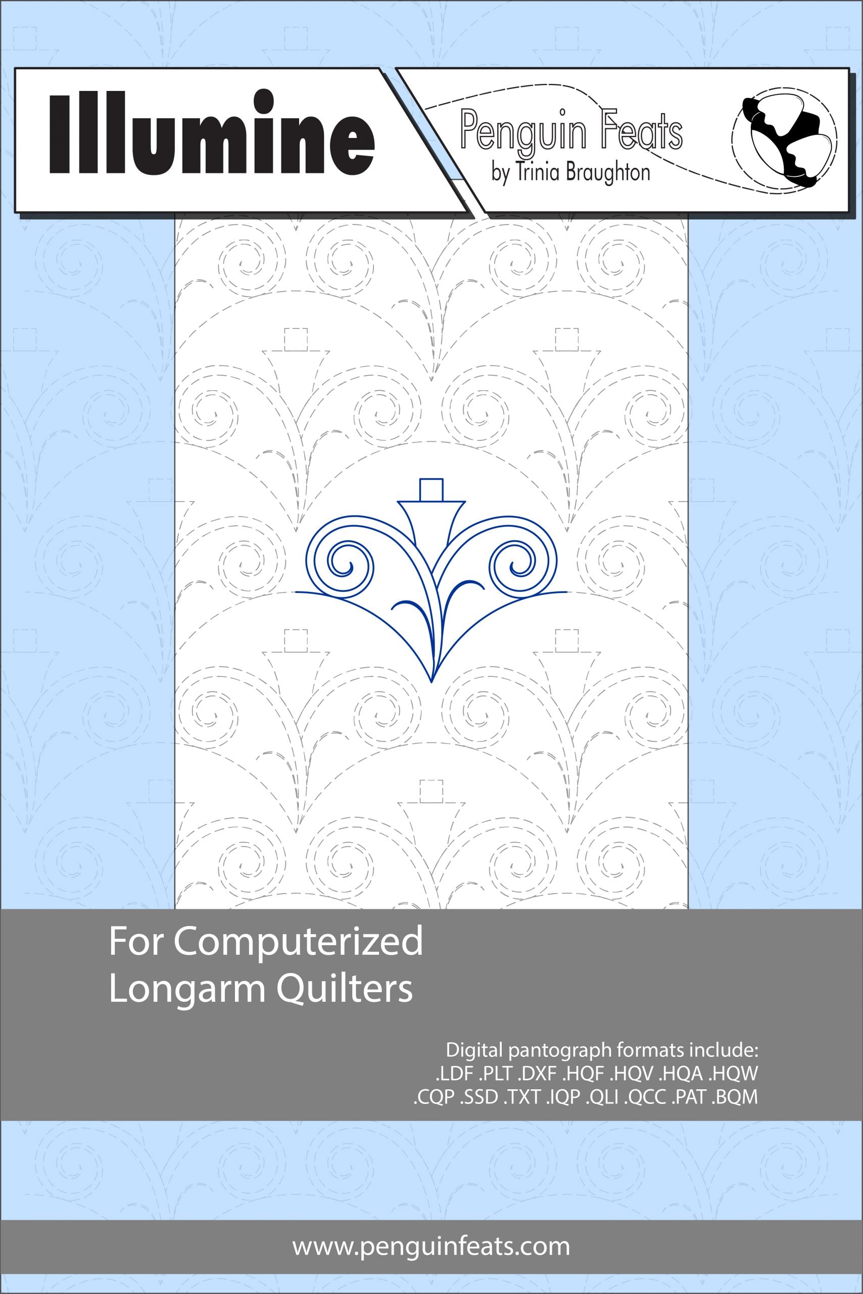 Pattern sheet for computerized longarm quilters with a blue and white design on a light blue background.