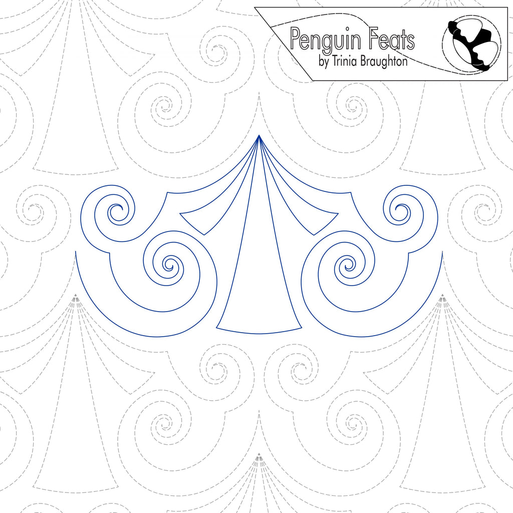 Design with geometric patterns and 'Penguin Feats' branding on a white background