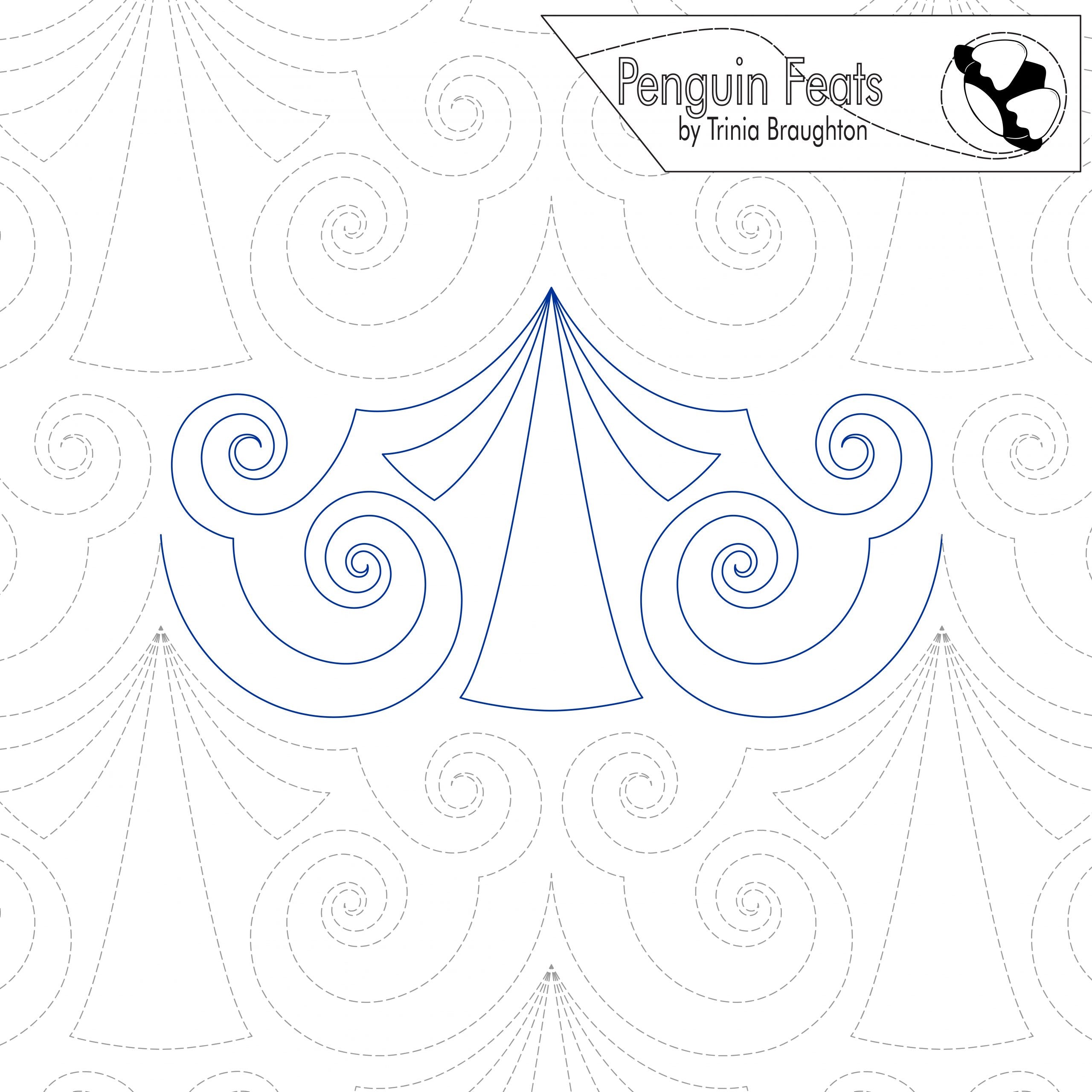 Design with geometric patterns and 'Penguin Feats' branding on a white background