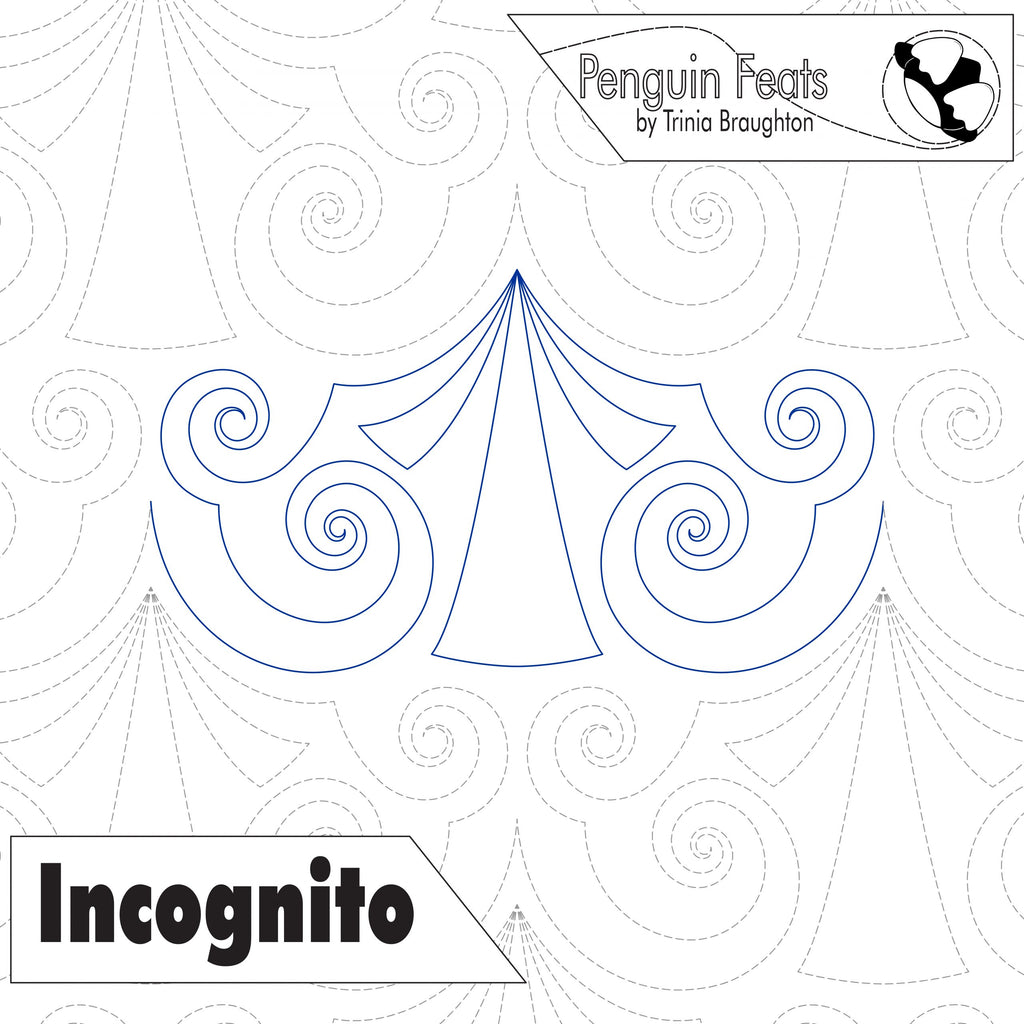 Design with 'Incognito' text and spider web pattern, featuring 'Penguin Feats' by Trinia Braughton.