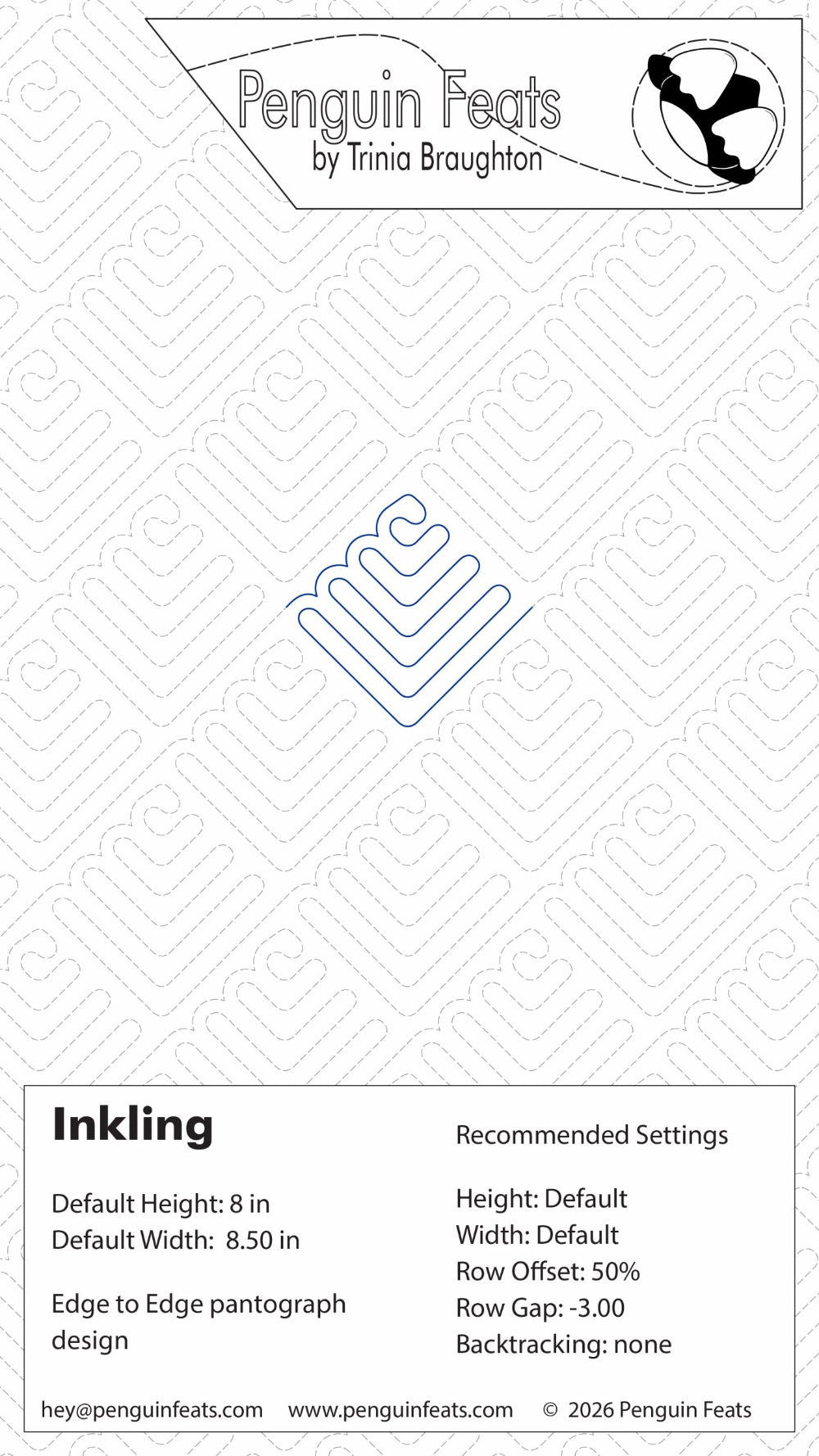 Design sheet for a Inkling with geometric pattern and branding information.