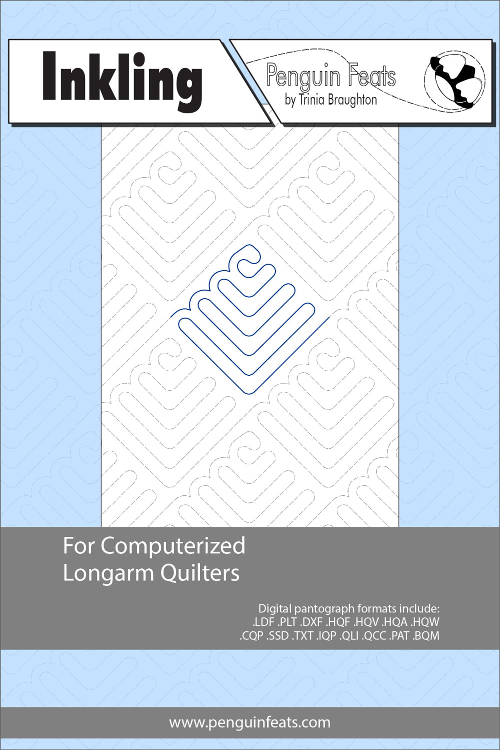 Inkling Penguin Feats pattern sheet for computerized longarm quilters with a blue and gray design on a white background.