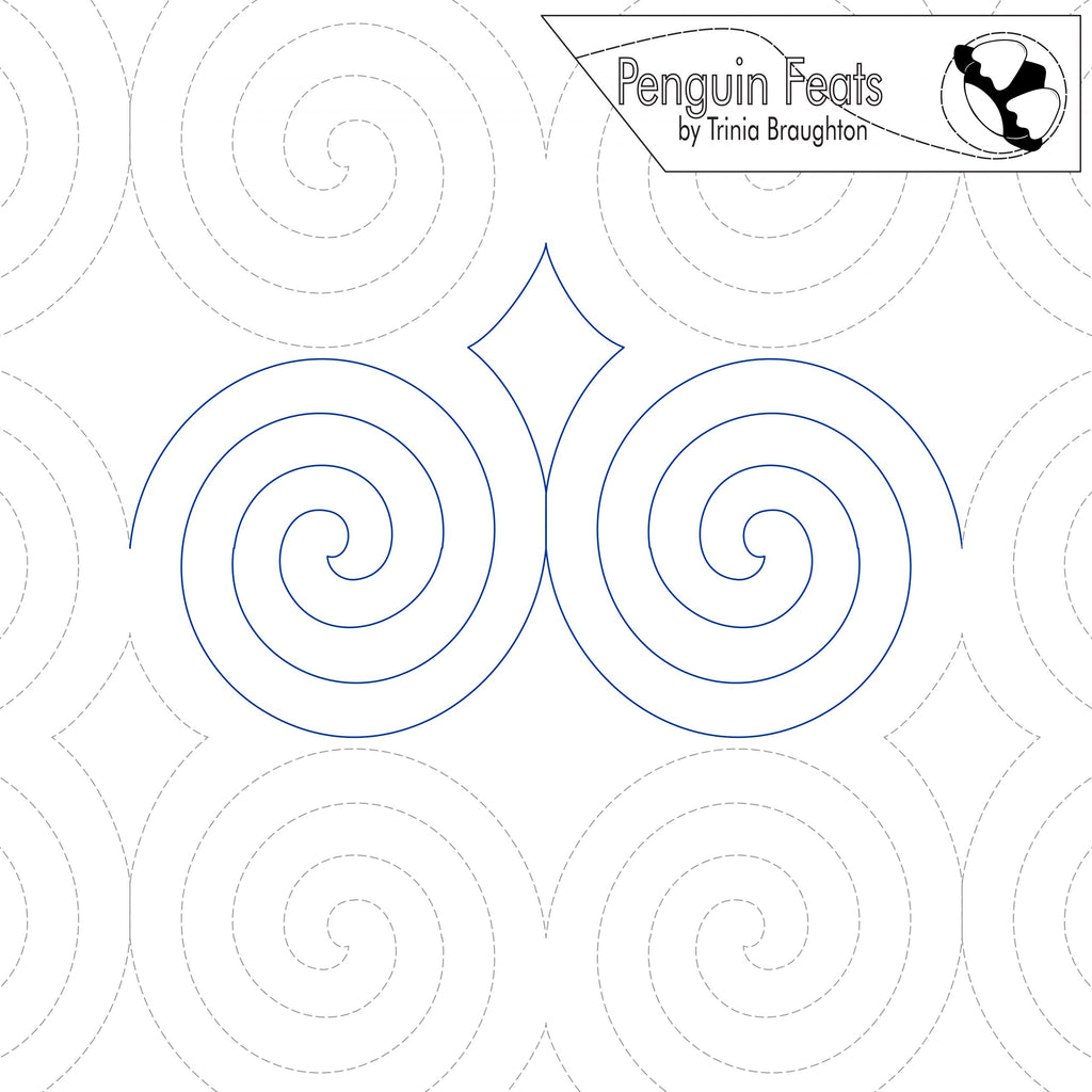 Pattern of blue spirals on a white background with 'Penguin Feats' branding.