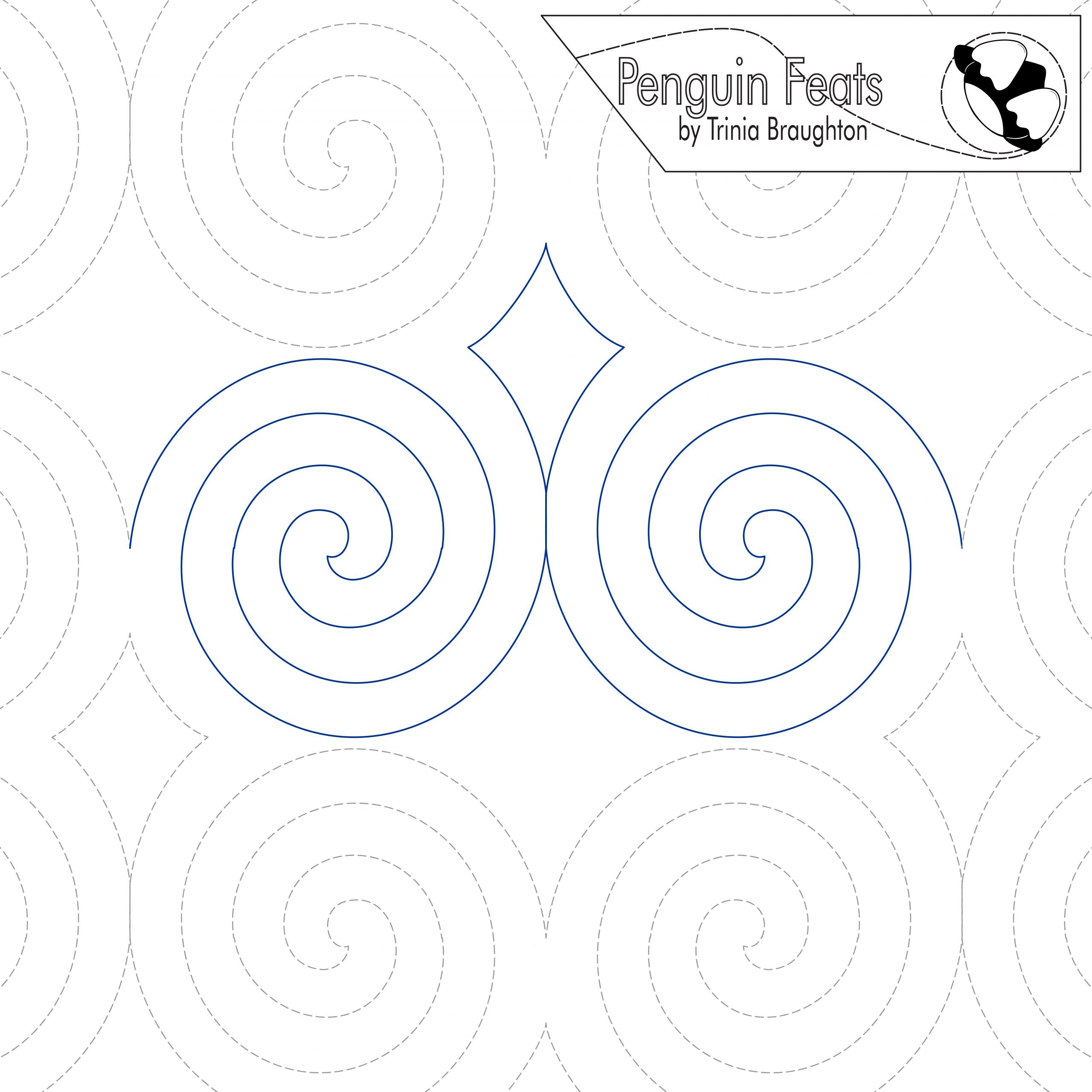 Pattern of blue spirals on a white background with 'Penguin Feats' branding.