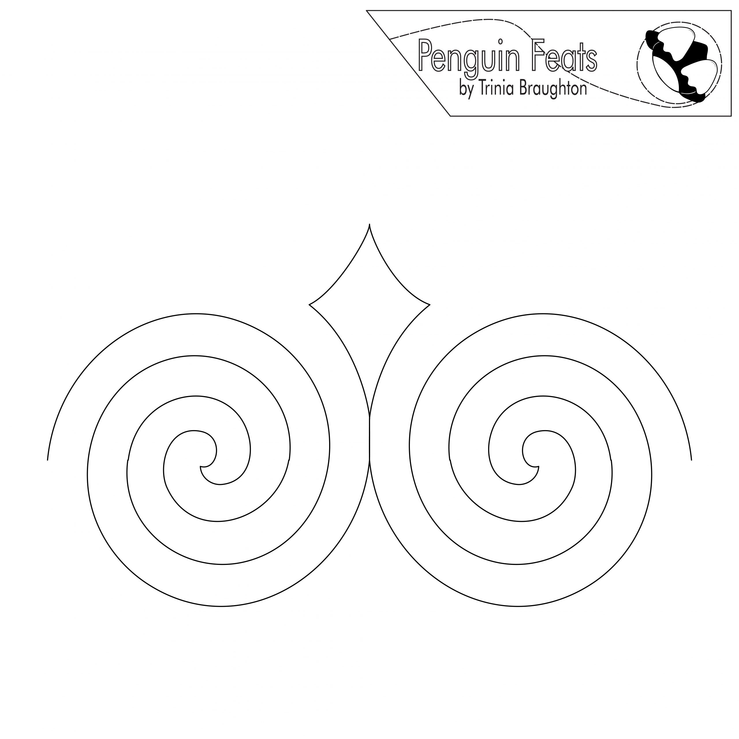 Black and white design with spiral patterns on a white background, featuring the 'Penguin Feats' logo.