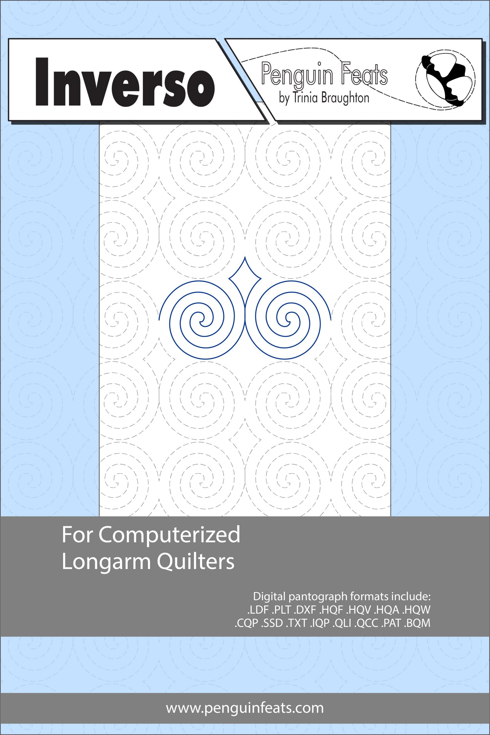 Inverso pattern sheet for computerized longarm quilters with a blue and gray design on a white background.
