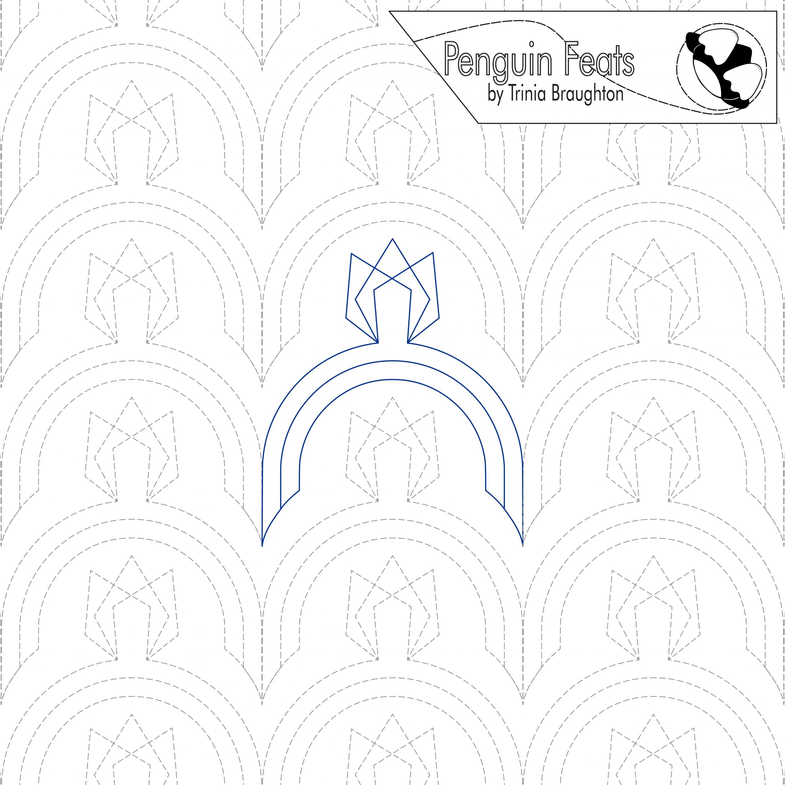 Geometric pattern with a blue design element on a white background, featuring the brand 'Penguin Feats' by Trinia Braughton.