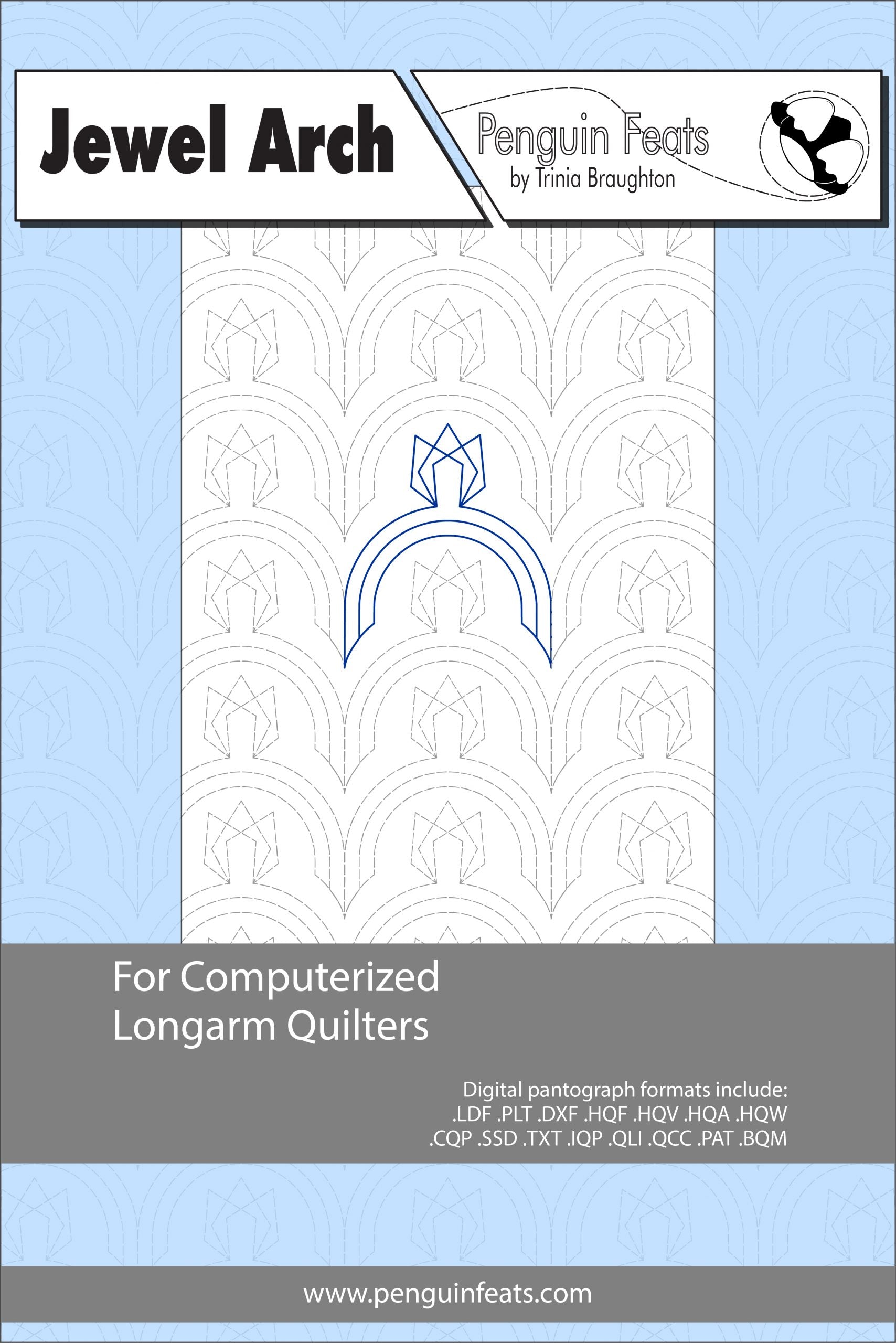Jewel Arch pattern for computerized longarm quilters with a blue and gray design on a light blue background.