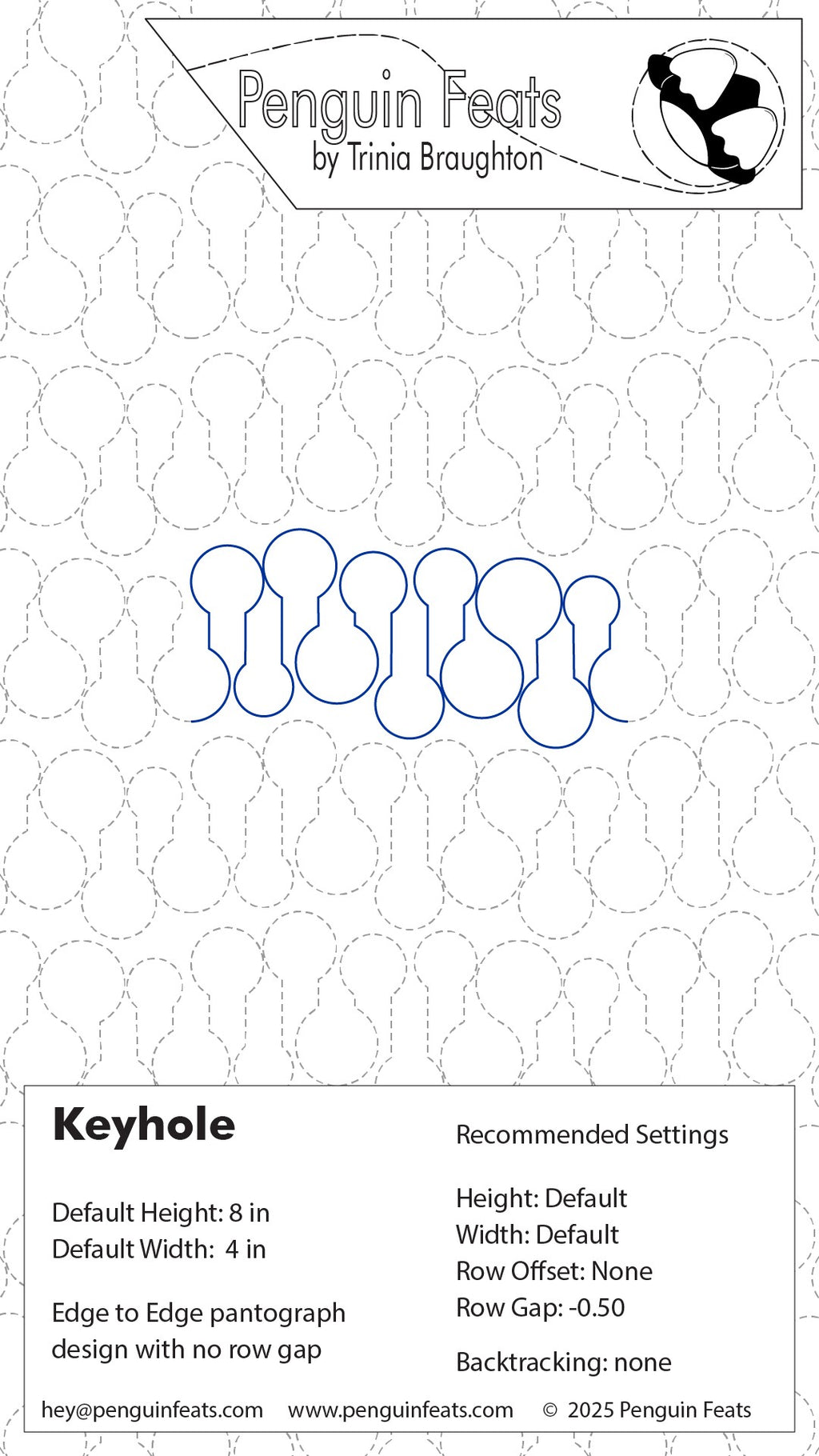 Design sheet for a keyhole with measurement details on a white background, featuring the brand 'Penguin Feats' by Trinia Braughton.