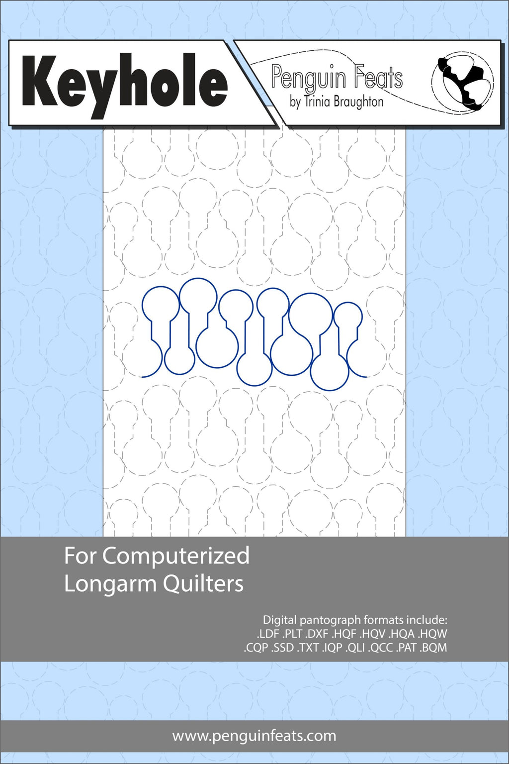 Pattern sheet for computerized longarm quilters with keyhole design illustration.